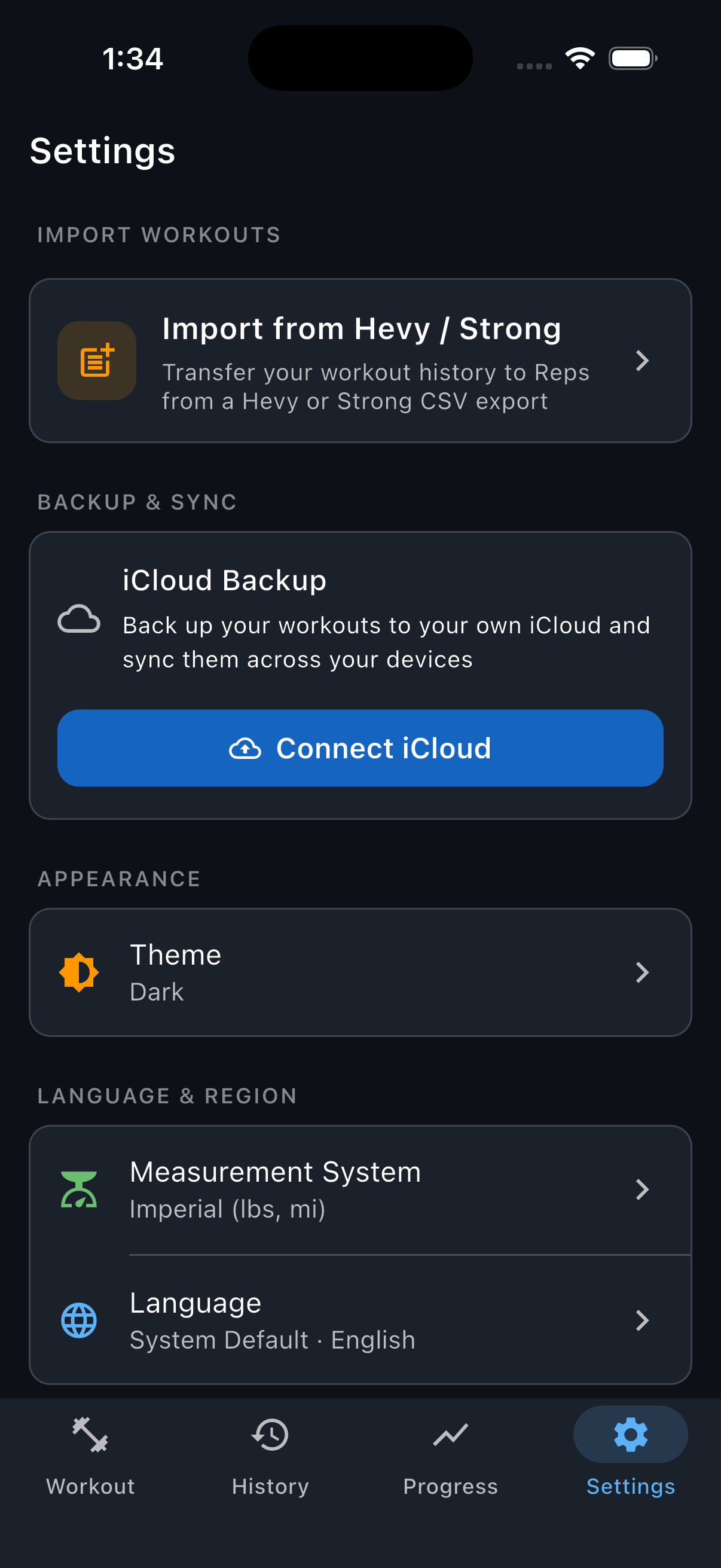 Reps Settings with Connect iCloud highlighted in the Backup & Sync section.