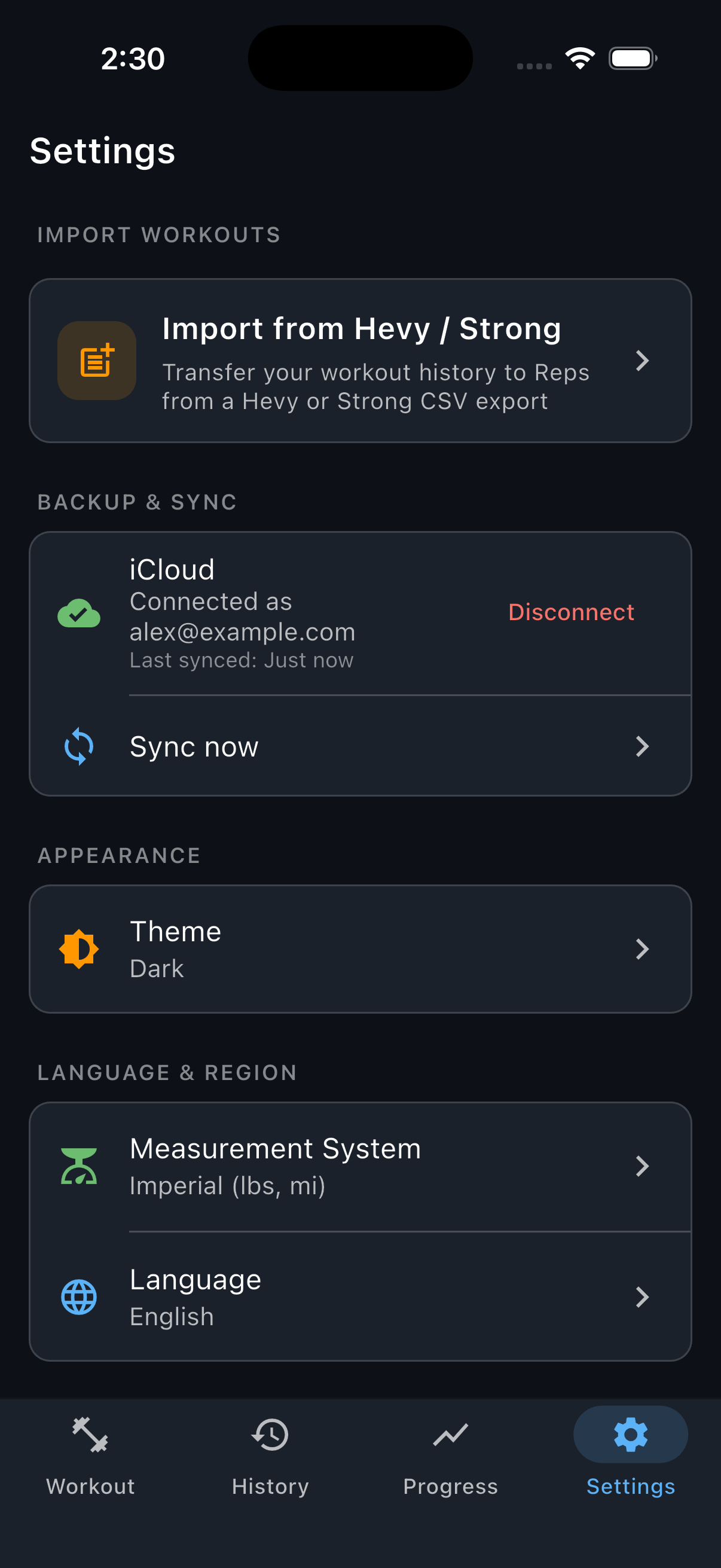 Reps Settings showing a connected example account, Last synced: Just now, and the Sync now and Disconnect controls.