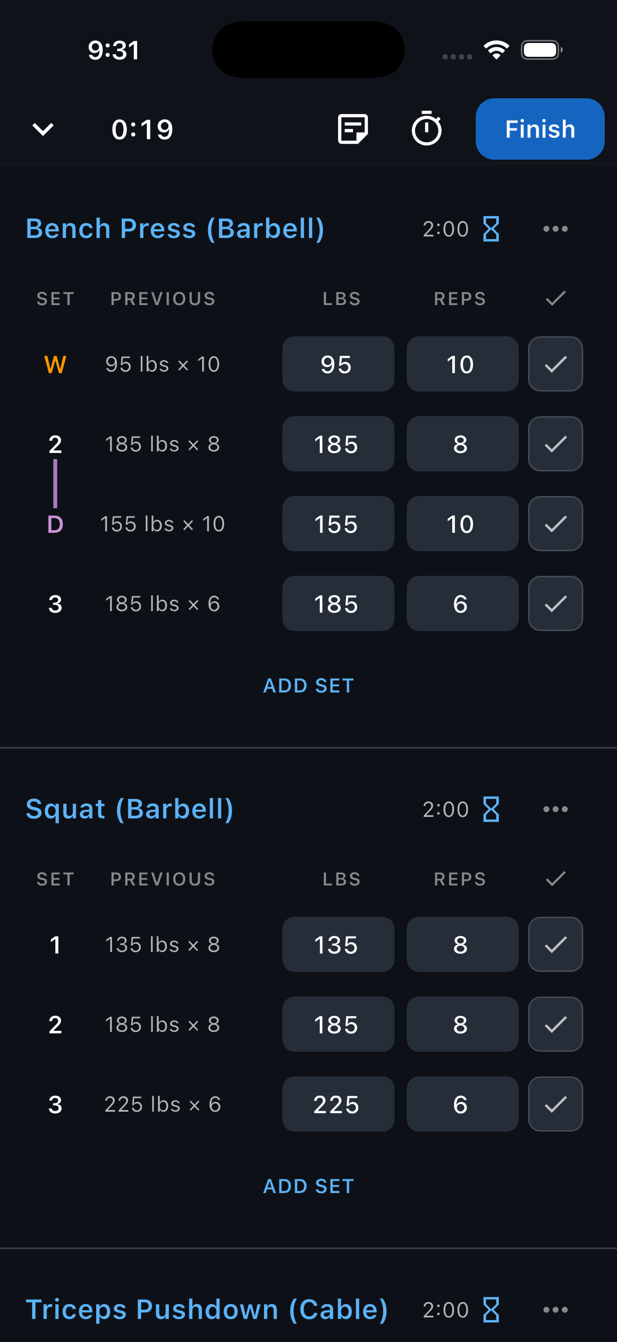 A workout with Bench Press, Squat, and Triceps Pushdown, with the number 2 at the start of a Bench Press set row highlighted.