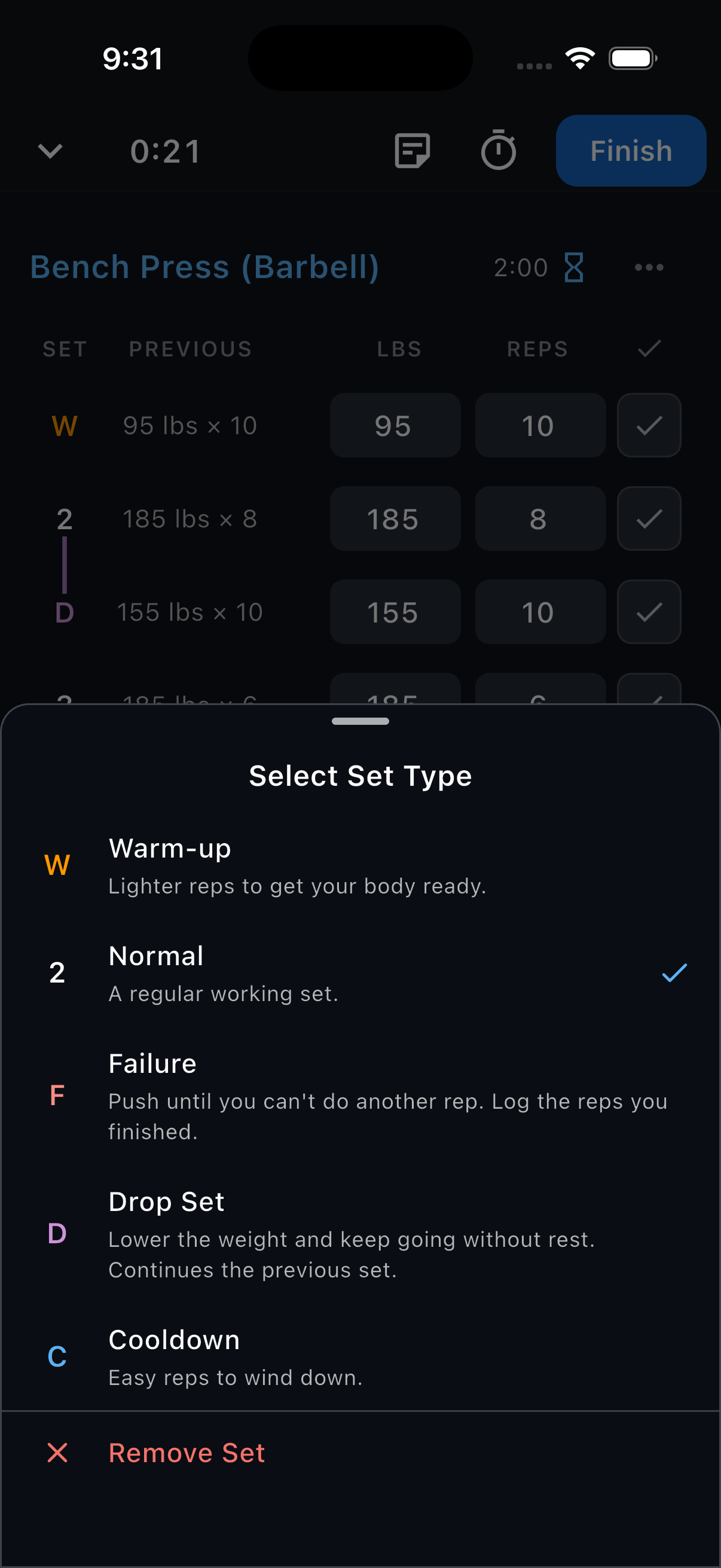 The Select Set Type menu with Normal selected and Warm-up, Failure, Drop Set, and Cooldown available.
