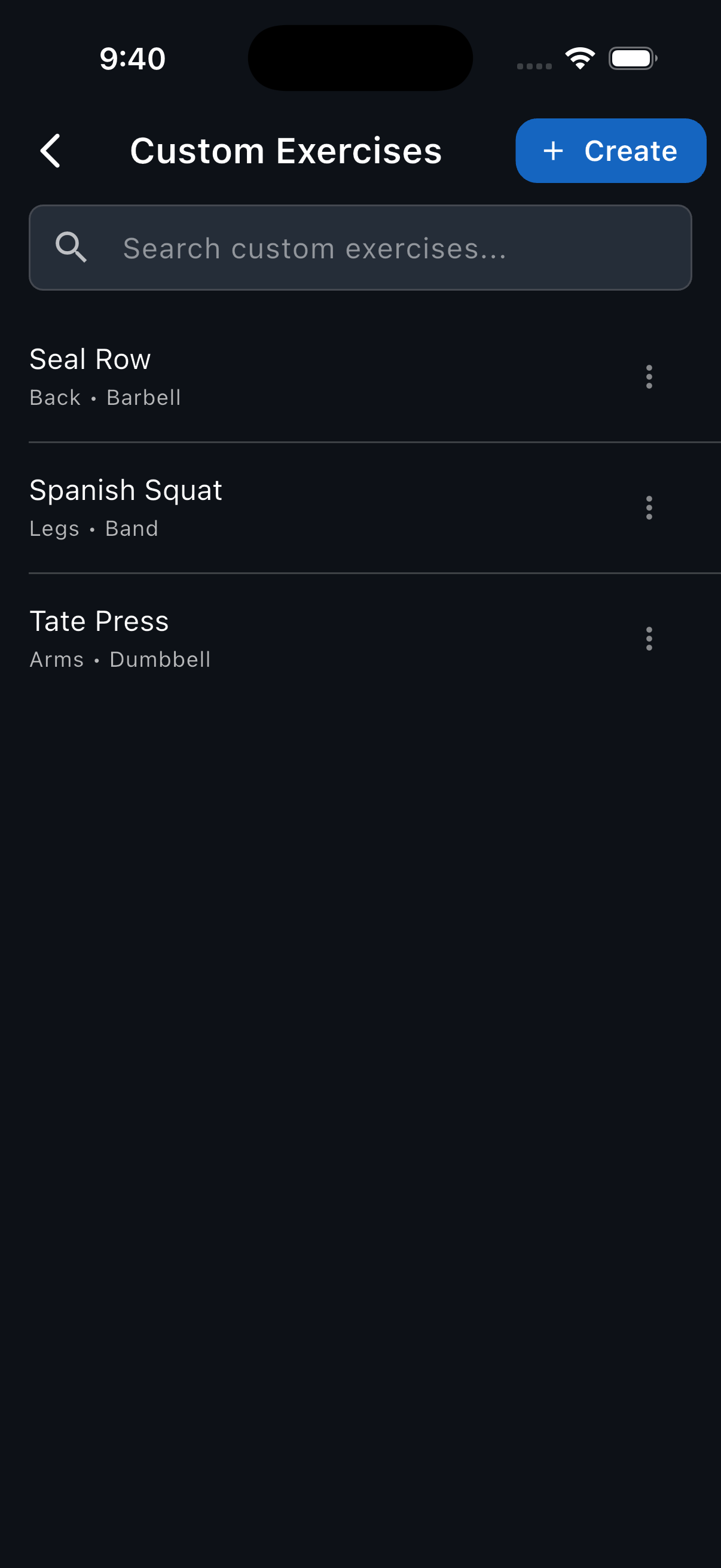 The Custom Exercises screen with three saved exercises and the Create button highlighted in the header.