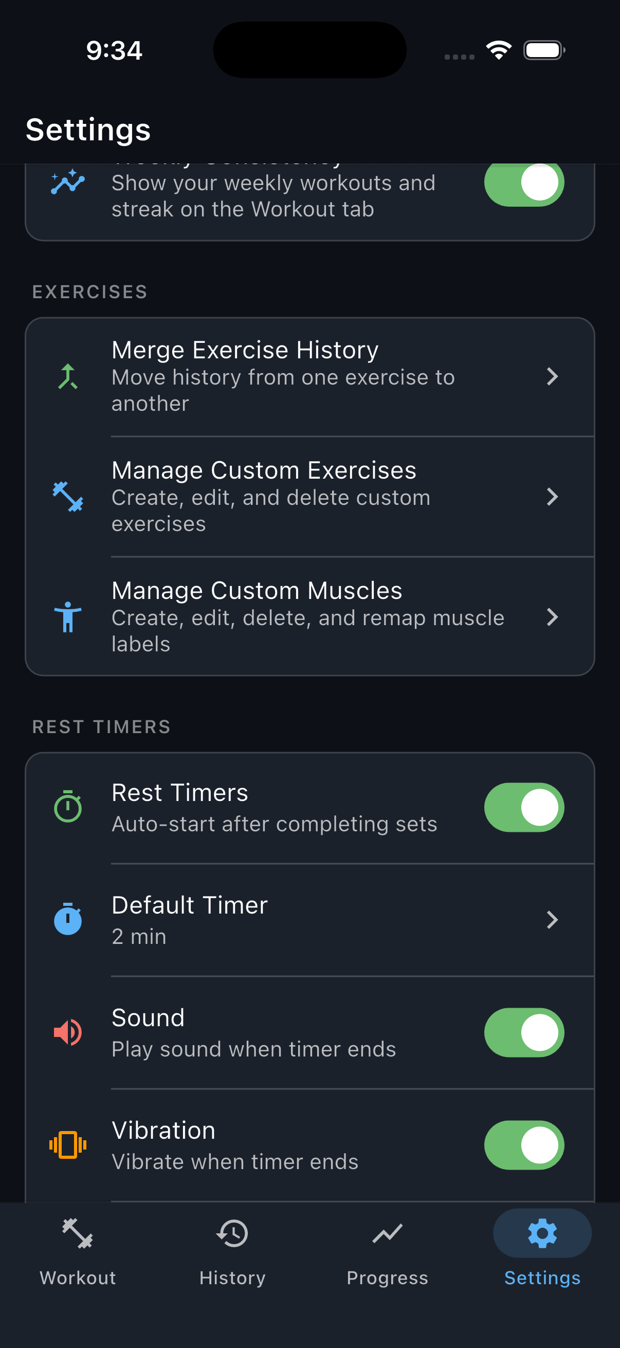 Reps Settings scrolled to the Exercises section, with Manage Custom Exercises highlighted.
