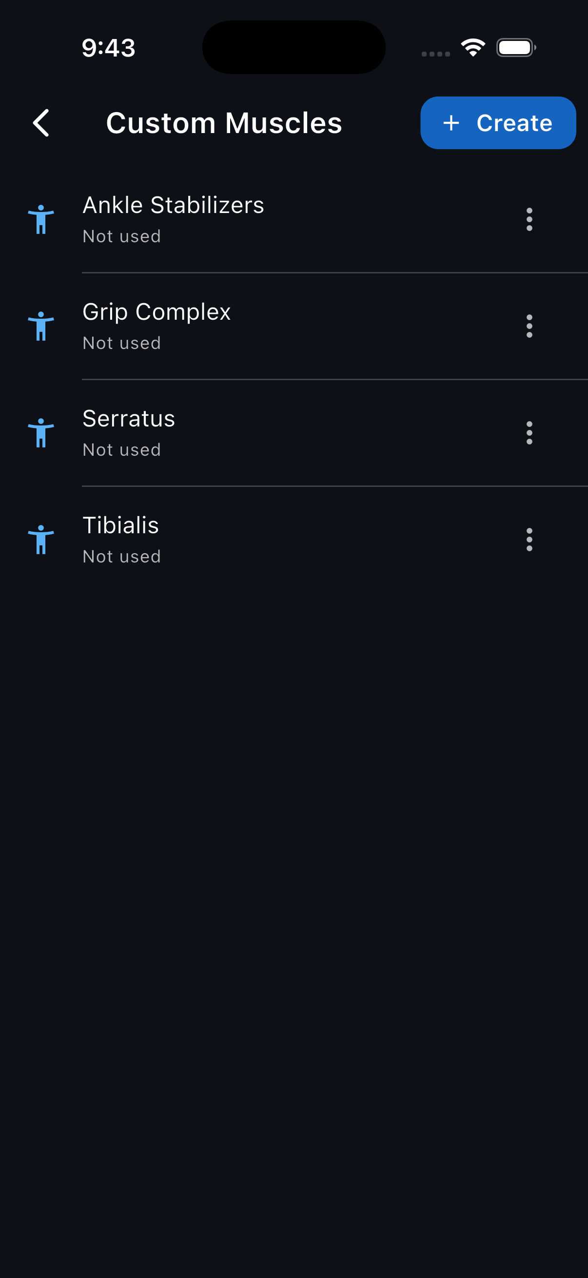 The Custom Muscles screen with four saved muscles and the Create button highlighted in the header.
