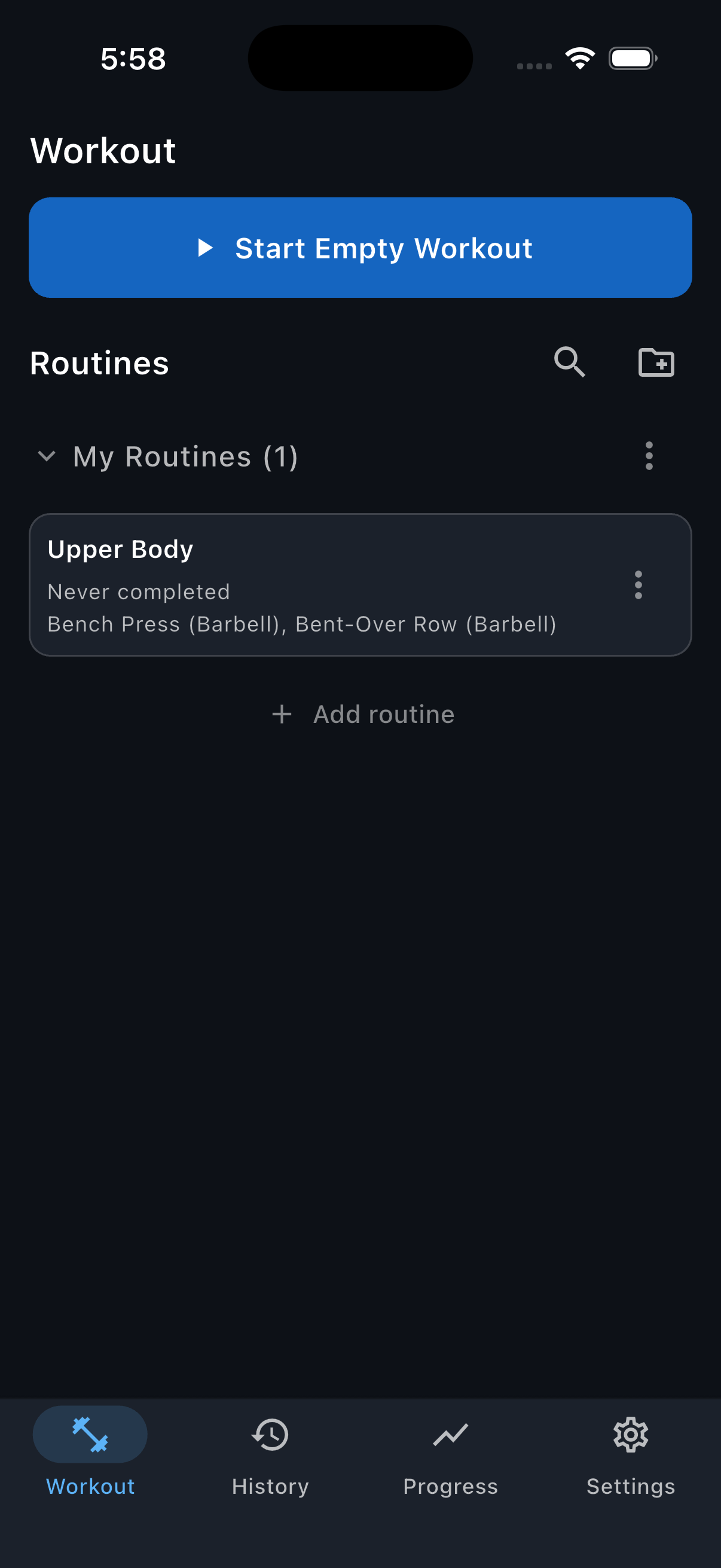 The Reps Routines screen with Upper Body saved in My Routines and the Add routine row visible.