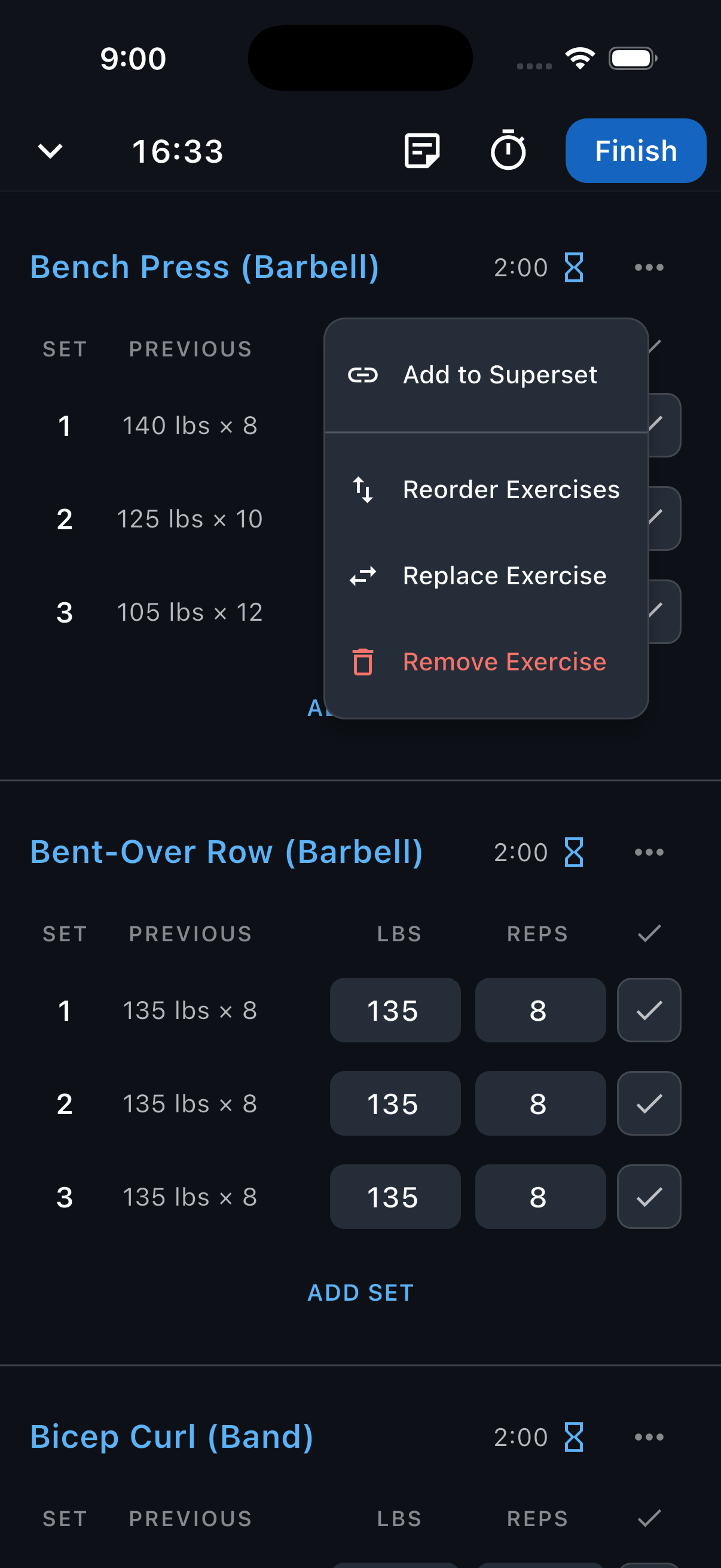 The three-dot menu beside Bench Press is open, showing Add to Superset.