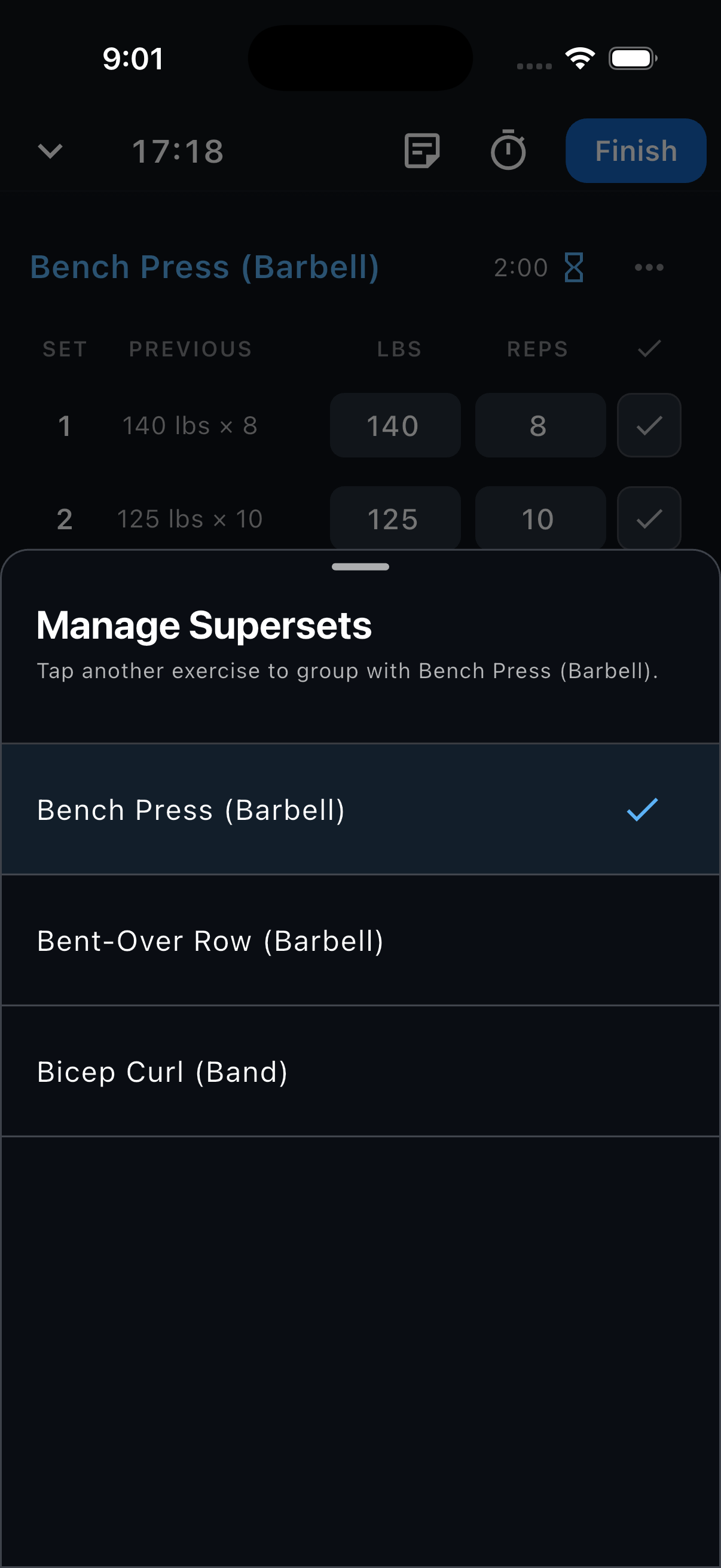 Manage Supersets with Bench Press selected and Bent-Over Row available to add to it.