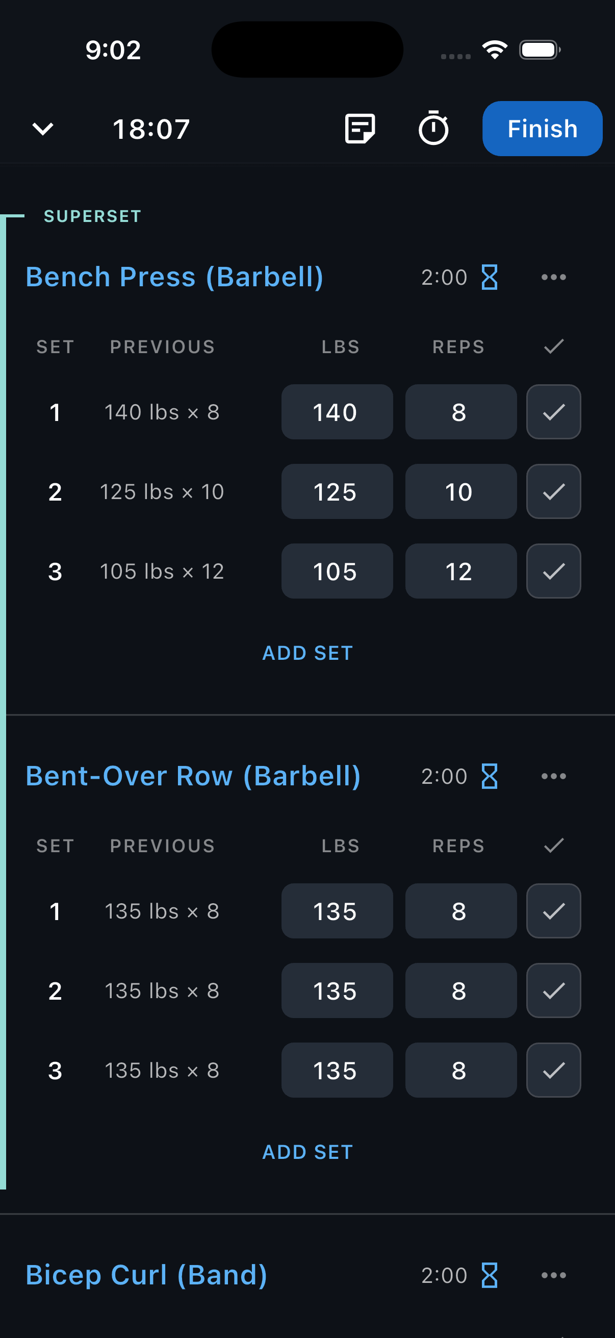 Bench Press and Bent-Over Row connected beneath the Superset label in a workout.