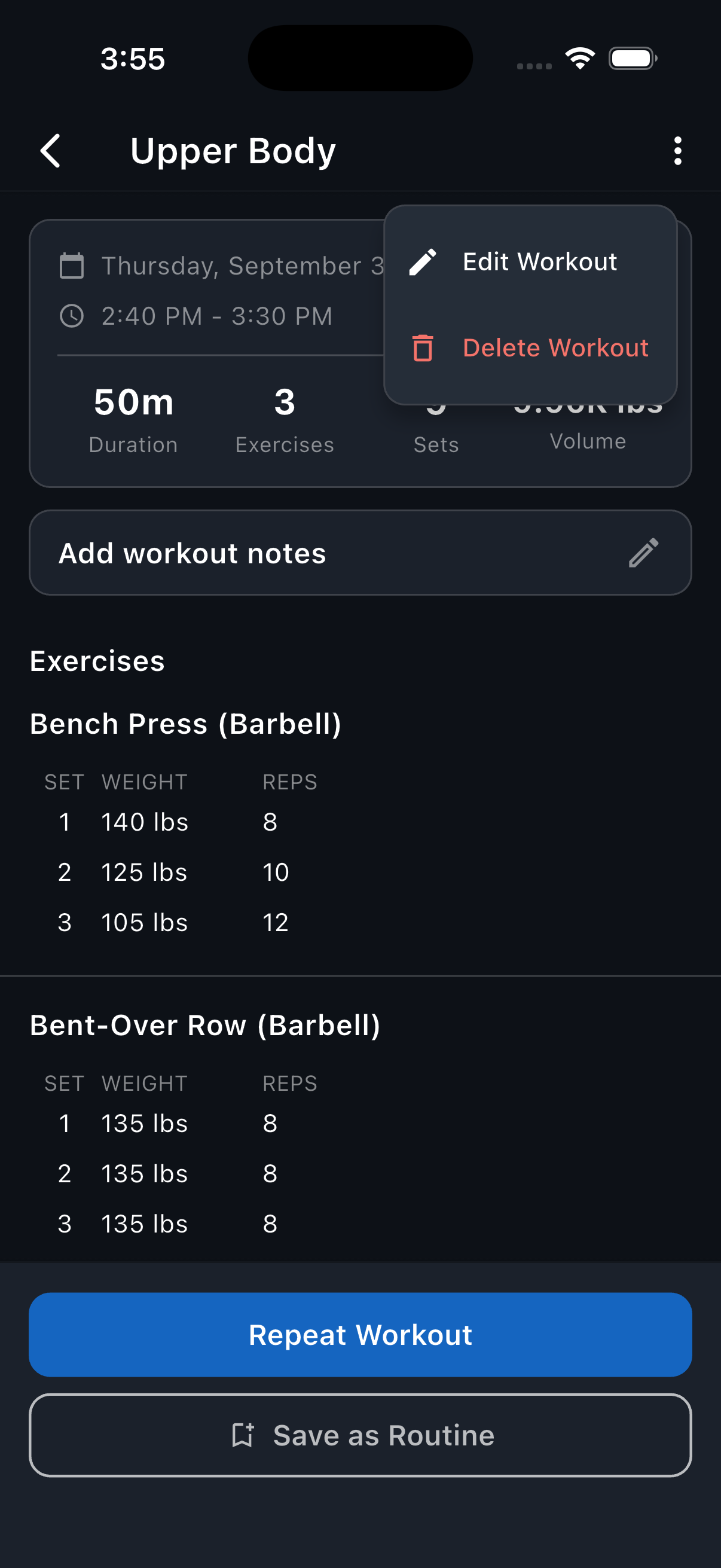 A saved workout with the three-dot menu open and Edit Workout available.