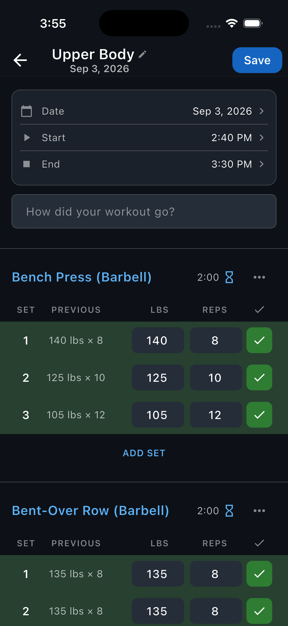 The saved-workout editor with date, times, weight and reps, and Save at the top.
