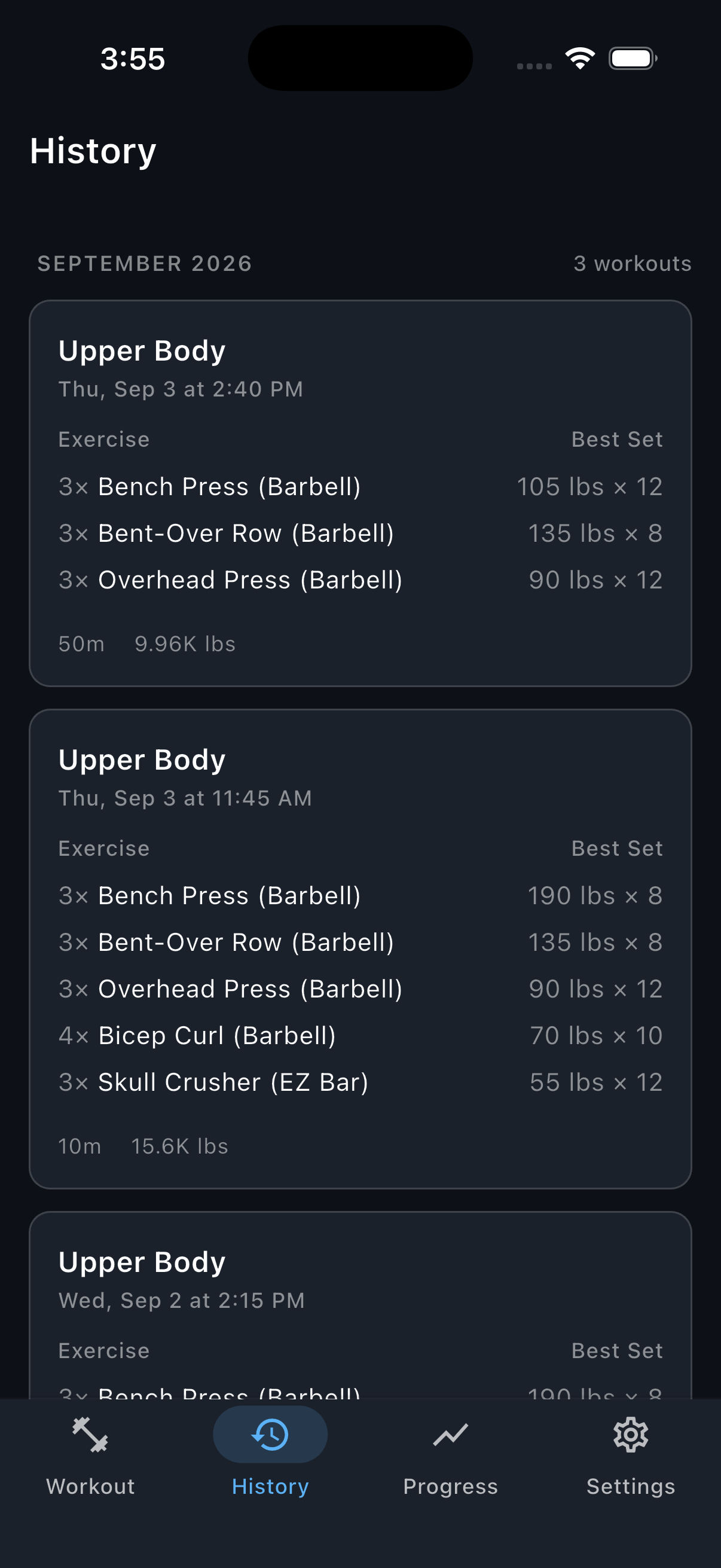 History with the saved Upper Body workout ready to open.