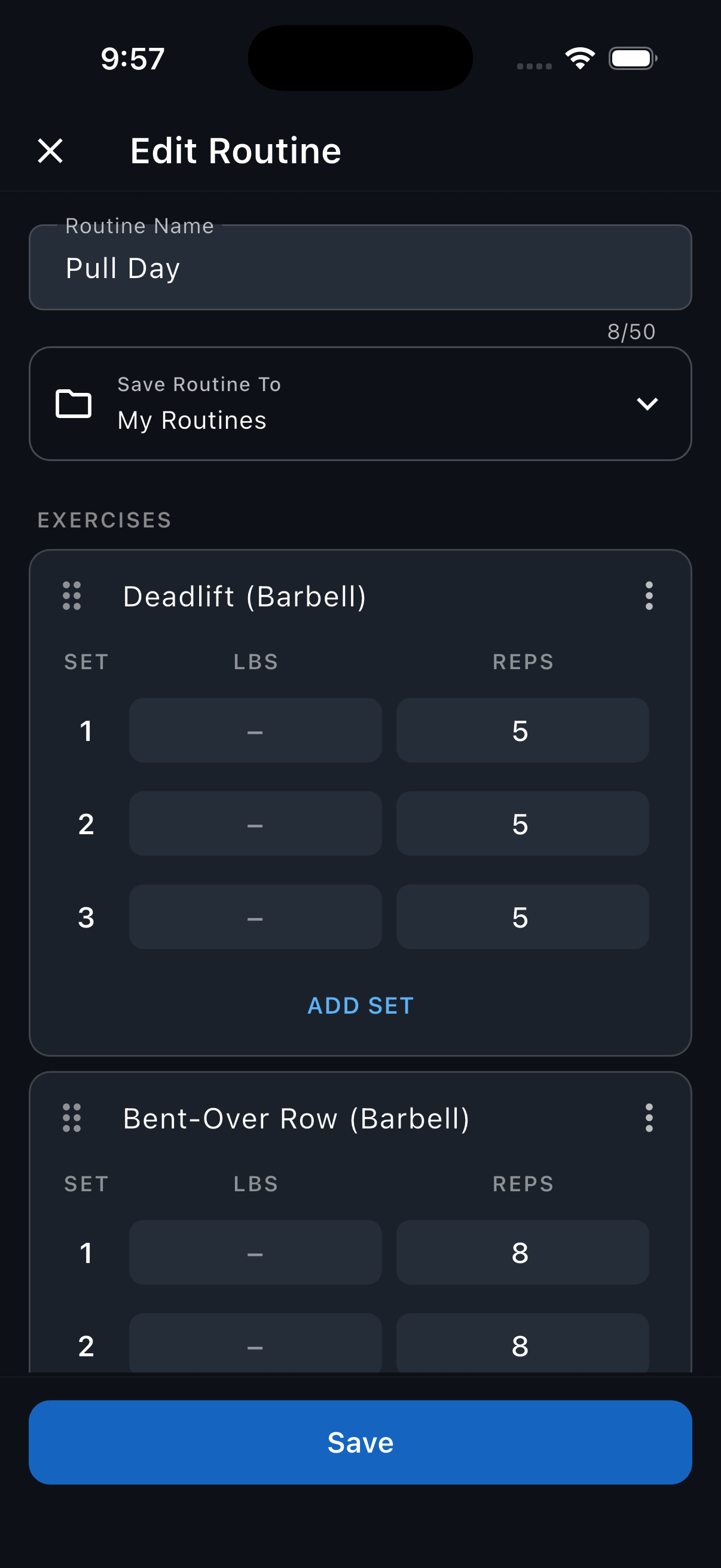 Edit Routine for Pull Day, with exercise set rows, Add Set, and Save visible.