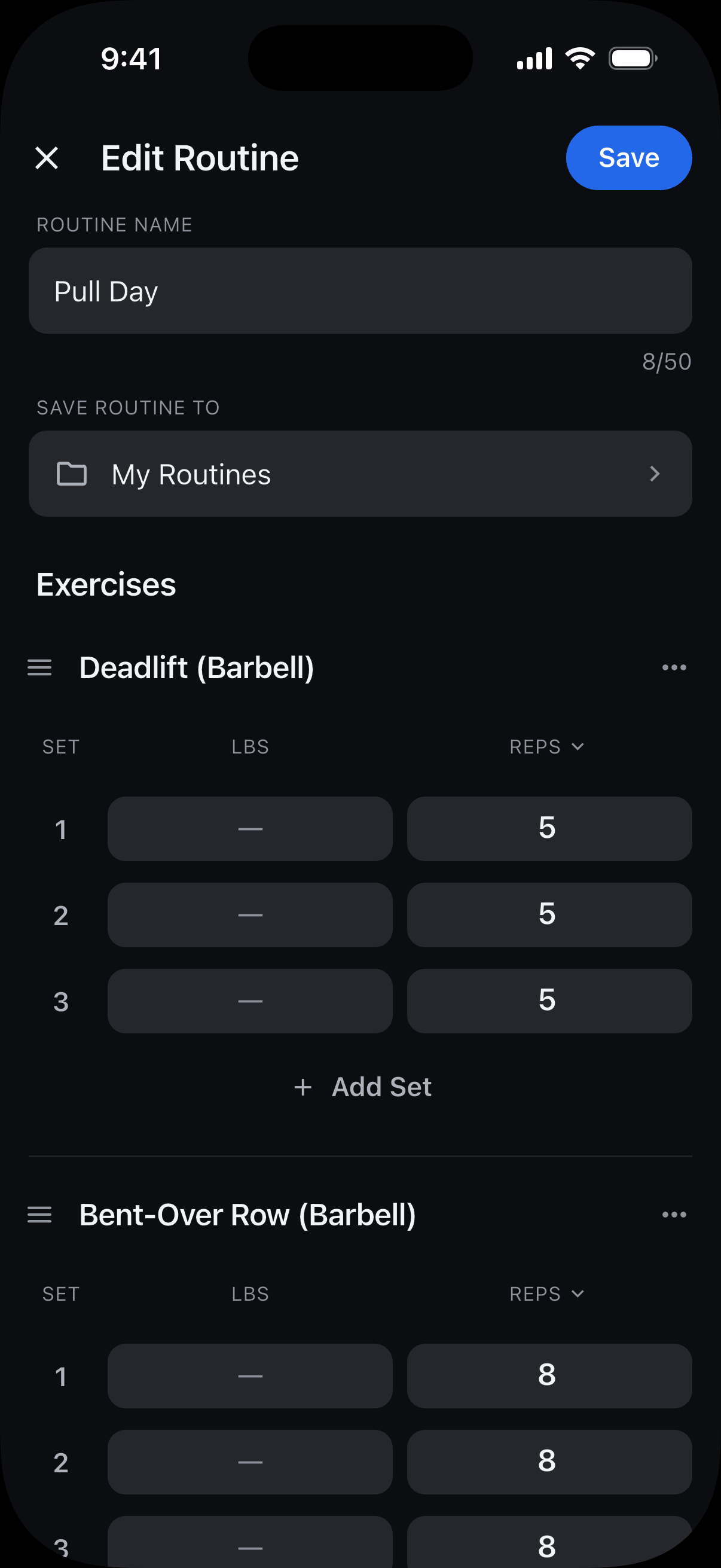 Edit Routine for Pull Day, with exercise set rows, Add Set, and Save visible.