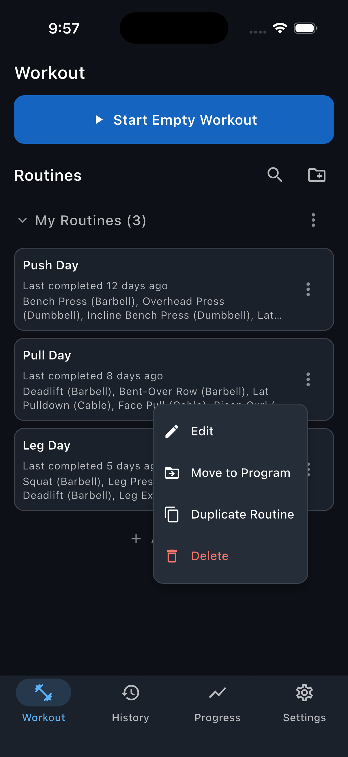 Pull Day, the second routine in My Routines, with its three-dot button and Edit highlighted.