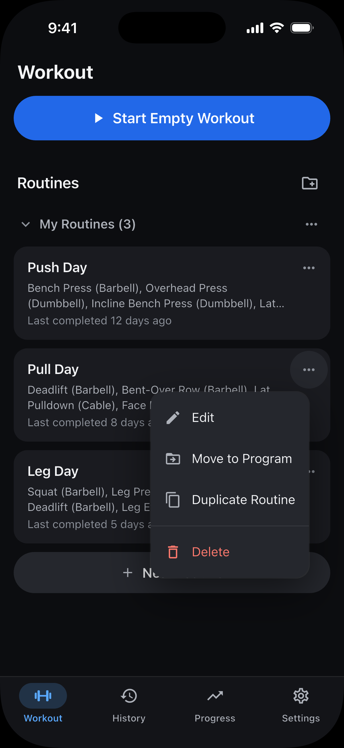 Pull Day, the second routine in My Routines, with its three-dot button and Edit highlighted.