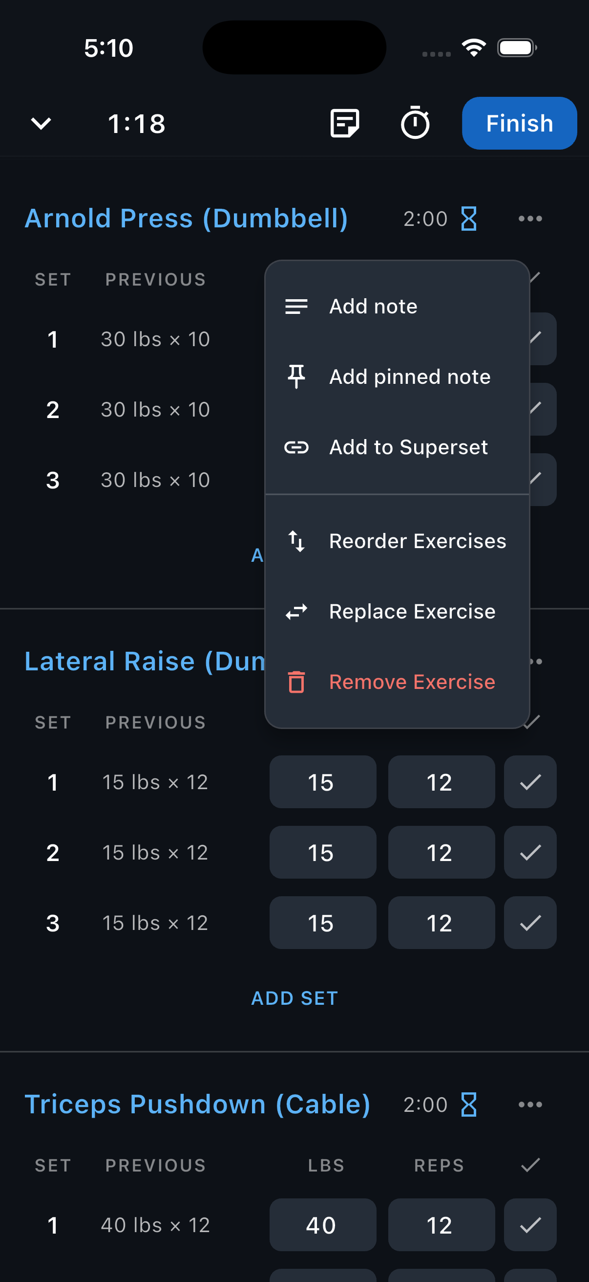 Exercise menu showing Add note and Add pinned note.