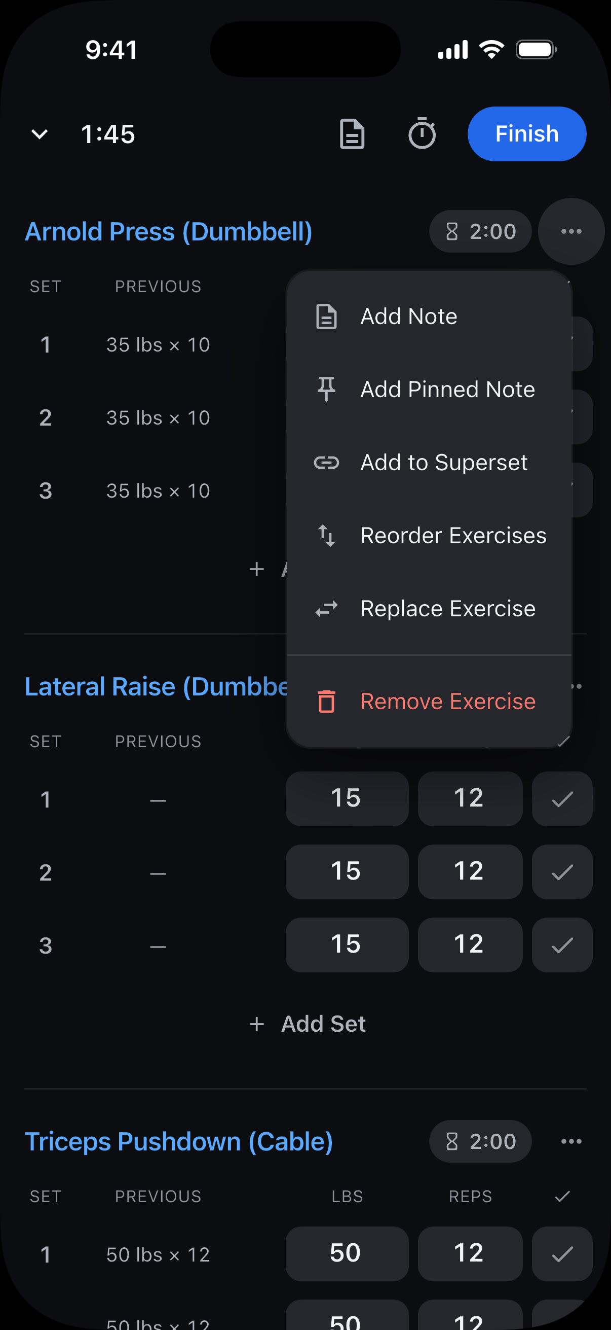 Exercise menu showing Add Note and Add Pinned Note.