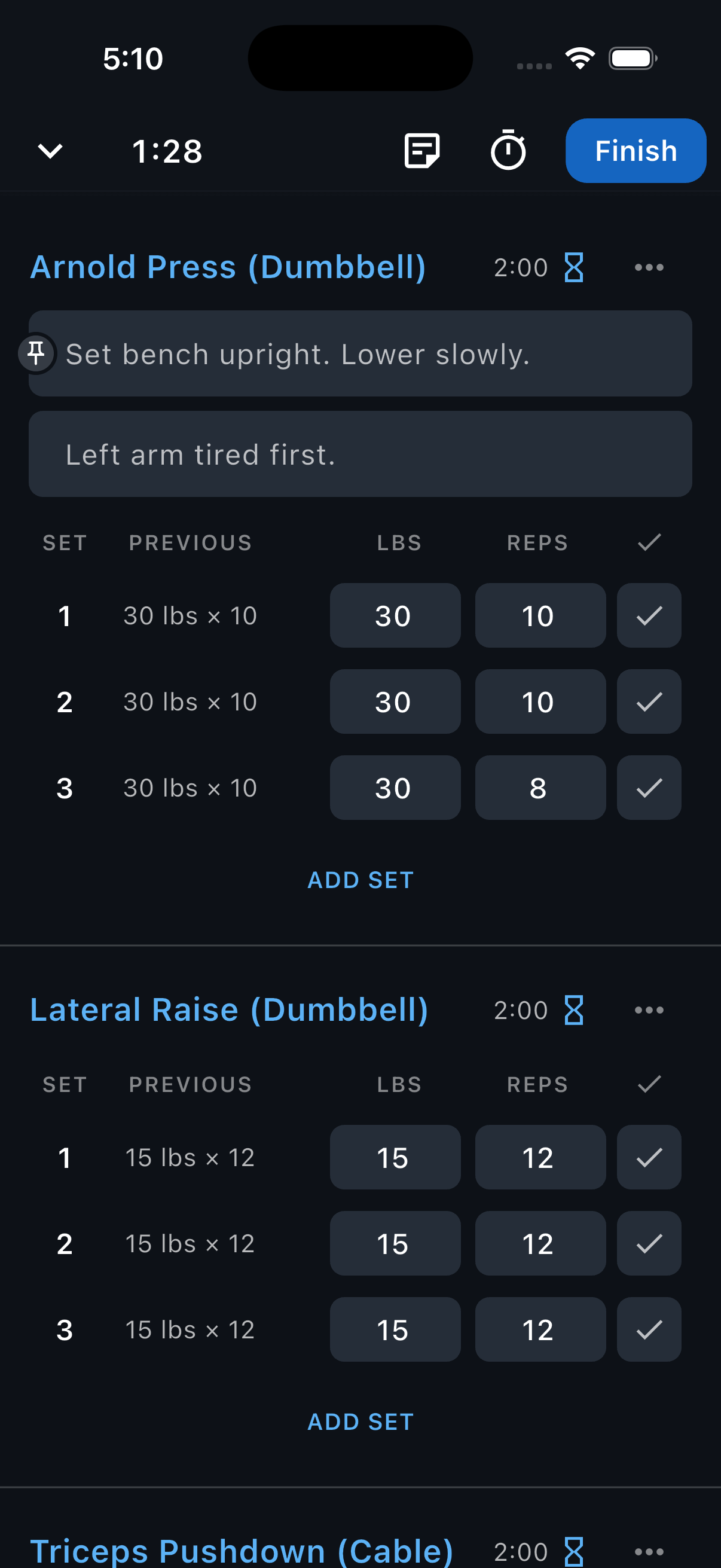 Arnold Press with a pin marking the reusable reminder above the note for this workout.