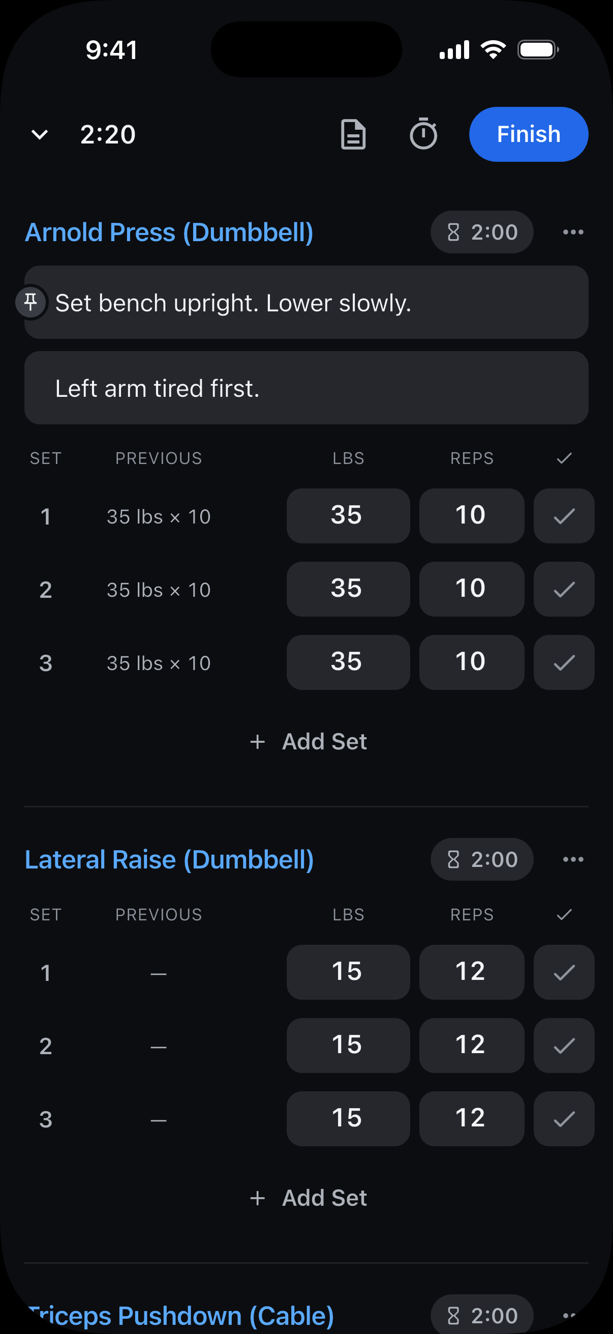 Arnold Press with a pin marking the reusable reminder above the note for this workout.