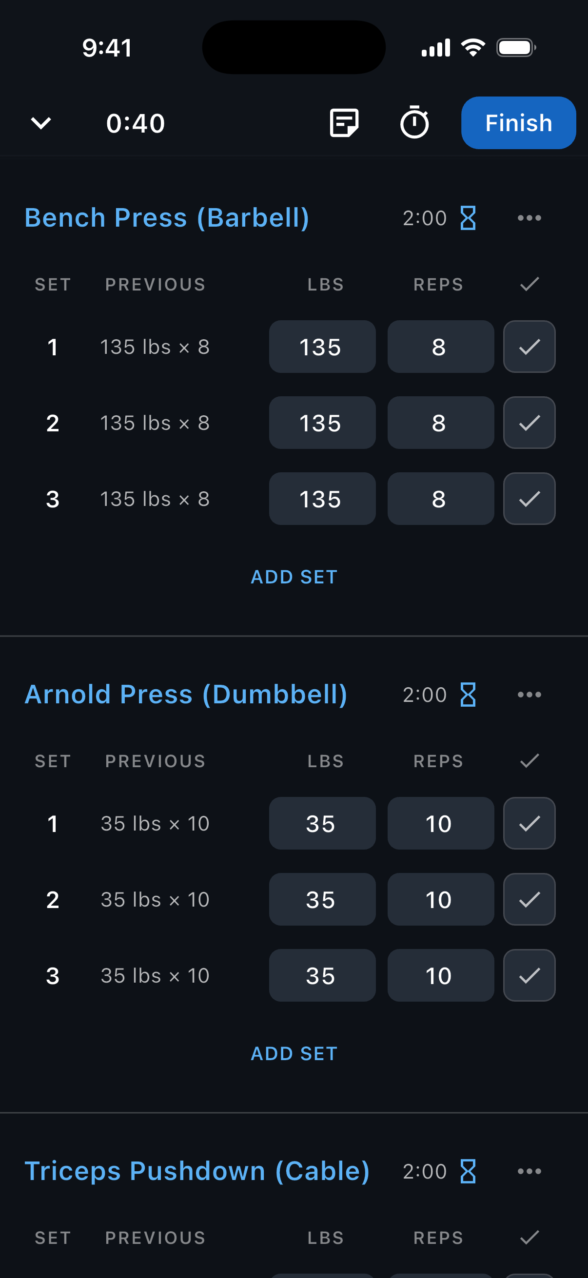 An Upper Body Push workout with the Arnold Press (Dumbbell) name highlighted as the shortcut to its history.