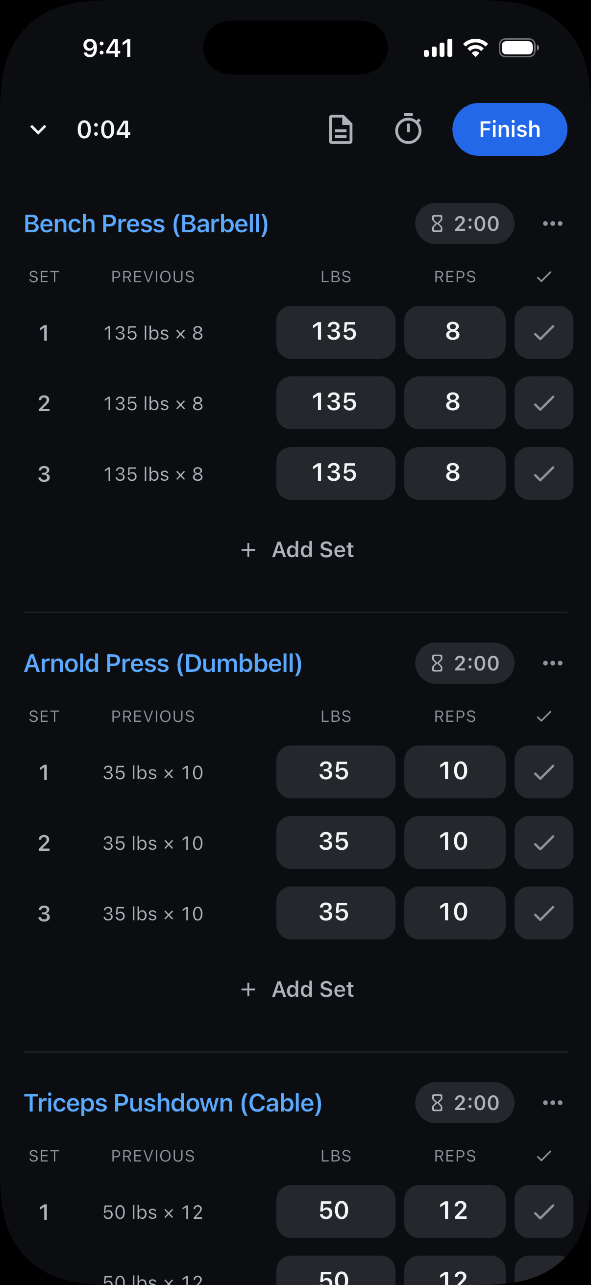 An Upper Body Push workout with the Arnold Press (Dumbbell) name highlighted as the shortcut to its history.