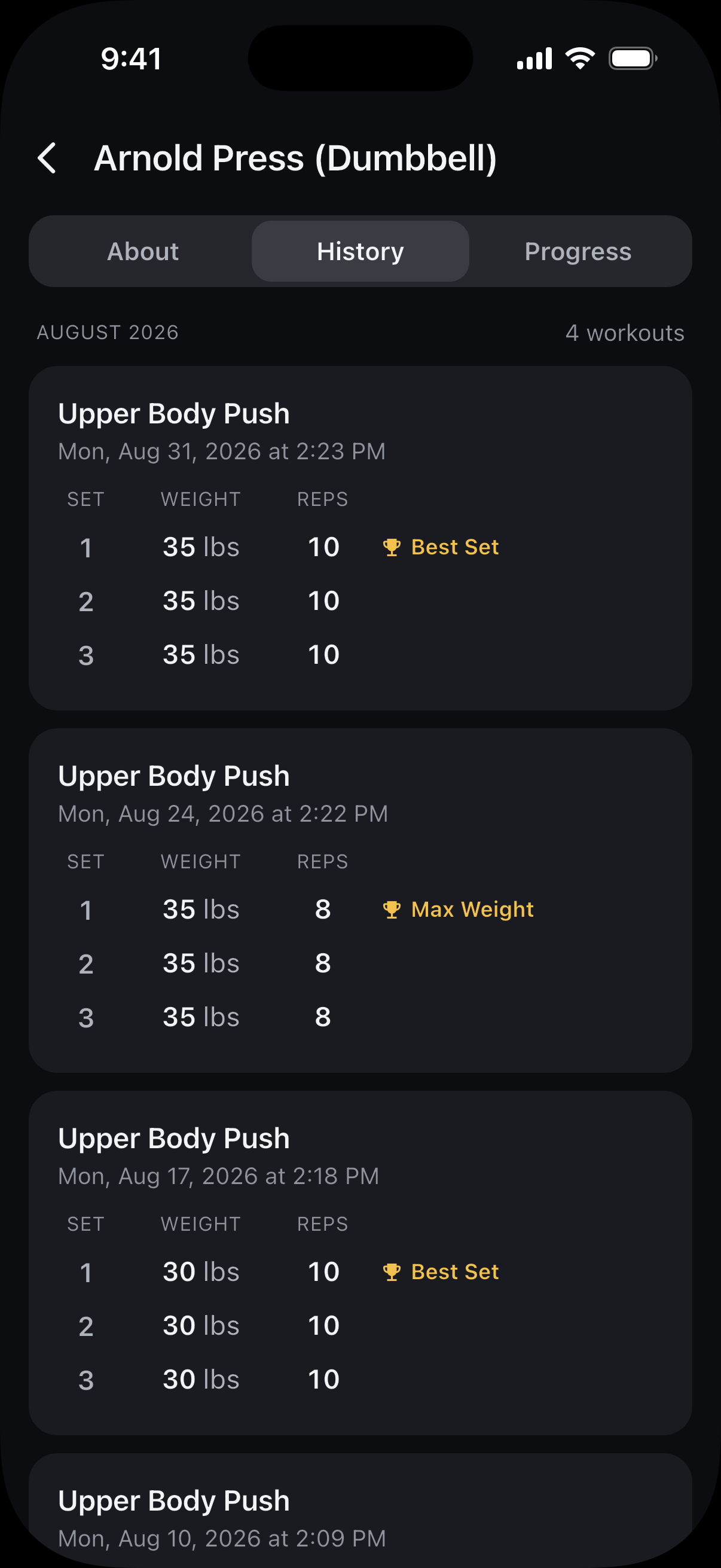 Arnold Press (Dumbbell) history showing past Upper Body Push workouts and the recorded sets from August 31, 24, and 17.