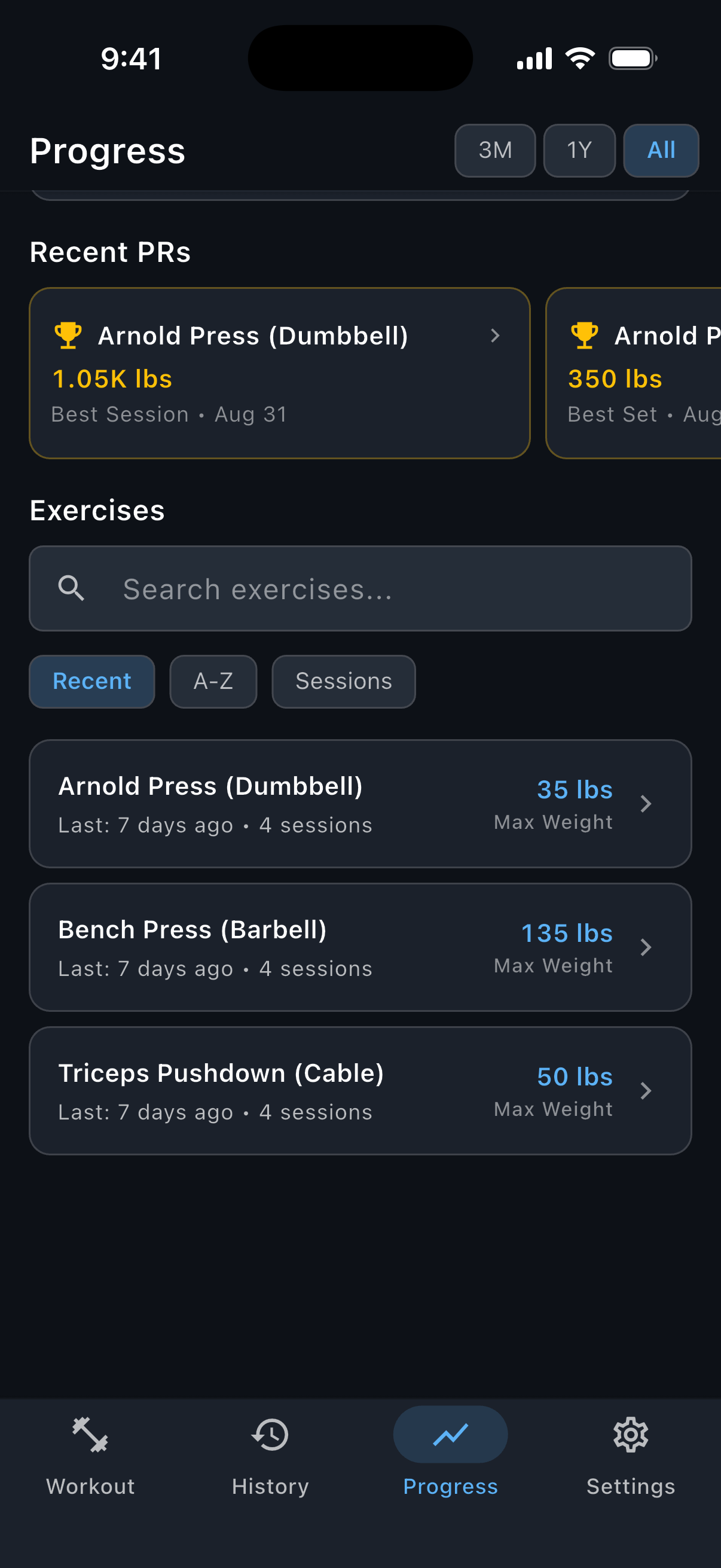 The Exercises list in Progress, with Arnold Press (Dumbbell) highlighted among three recorded exercises.