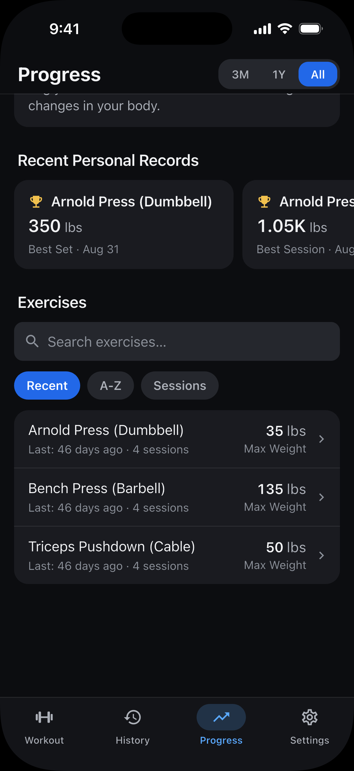 The Exercises list in Progress, with Arnold Press (Dumbbell) highlighted among three recorded exercises.