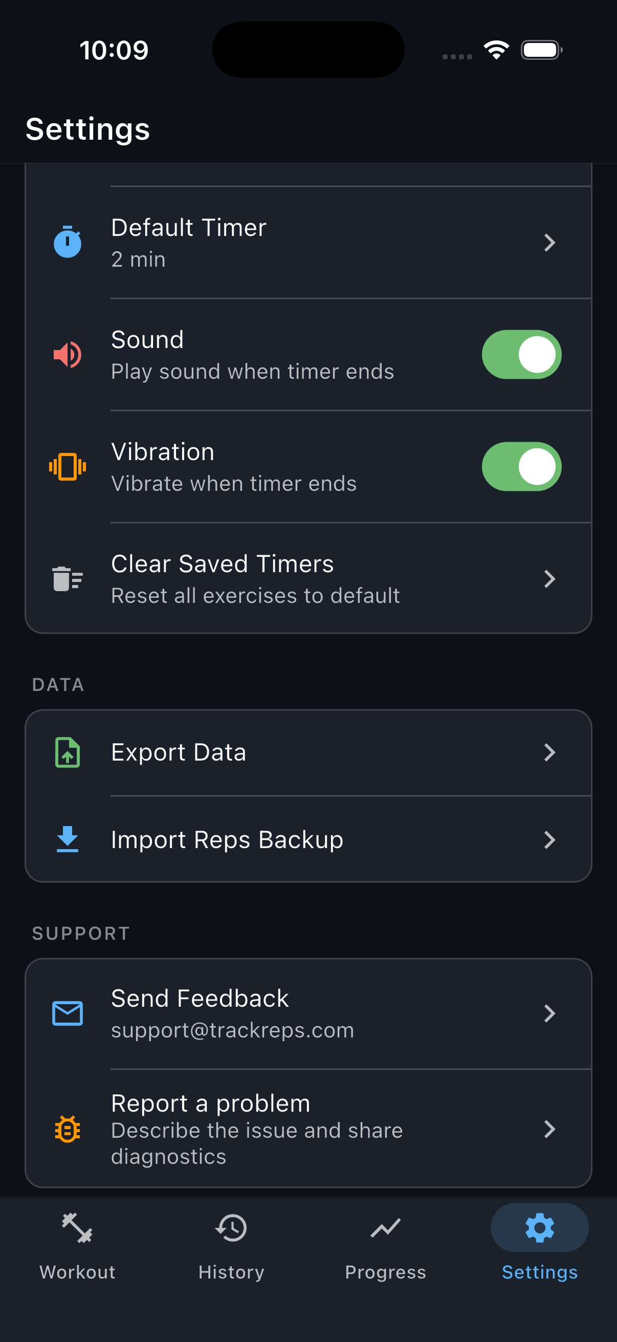 Reps Settings scrolled to Data, with Export Data above Import Reps Backup.