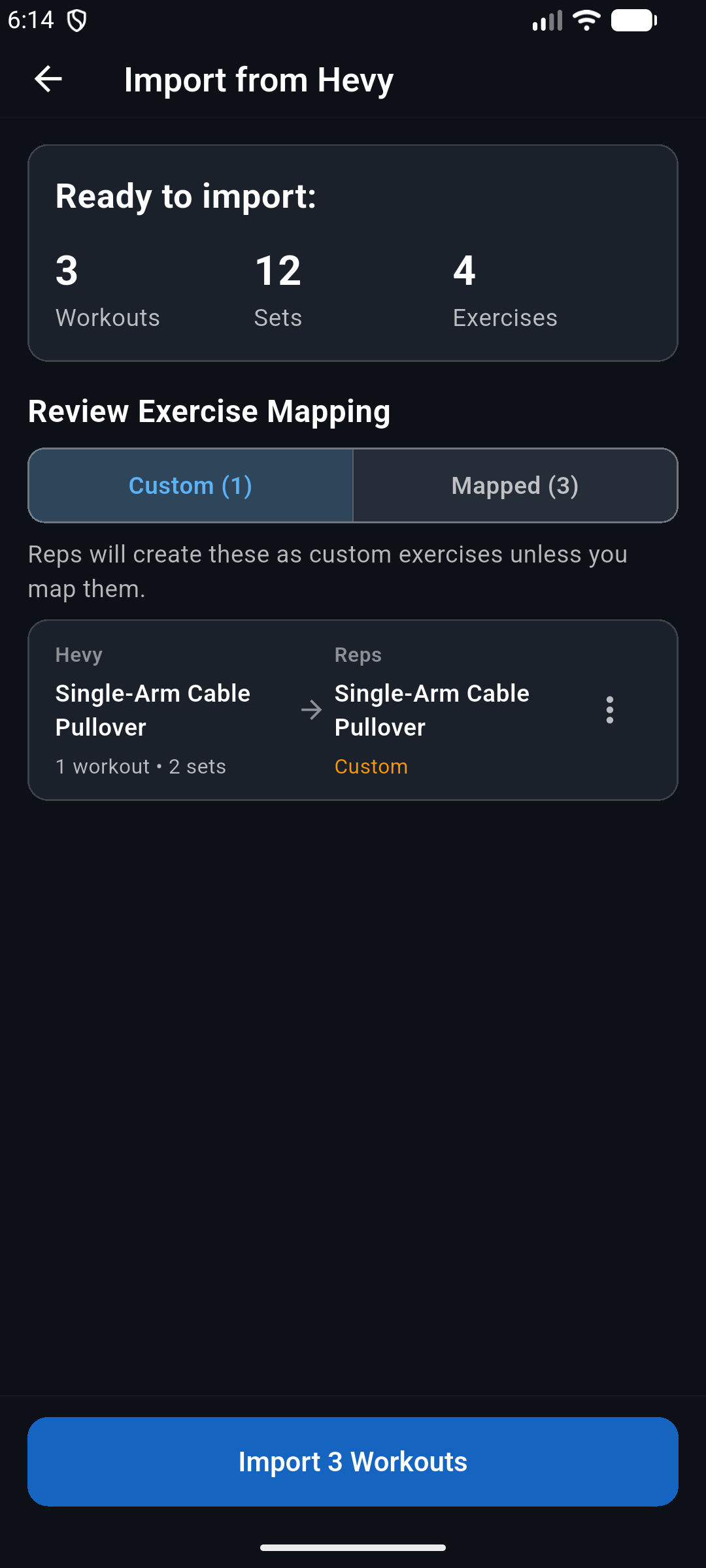 A Hevy import preview showing three workouts, twelve sets, four exercises, and one custom exercise to review.