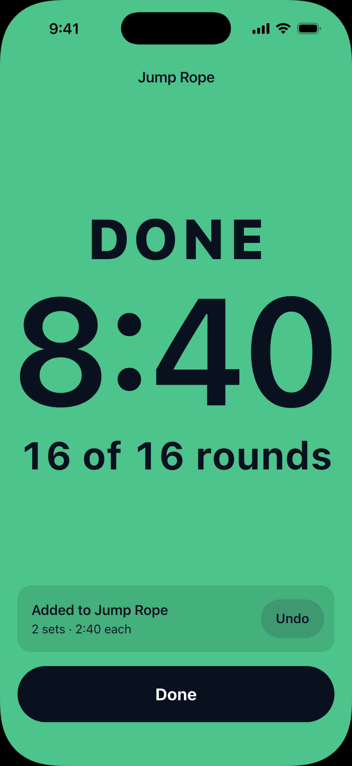 Intervals complete: 16 of 16 rounds, with 2 sets of 2:40 added to Jump Rope. Undo and Done are available.