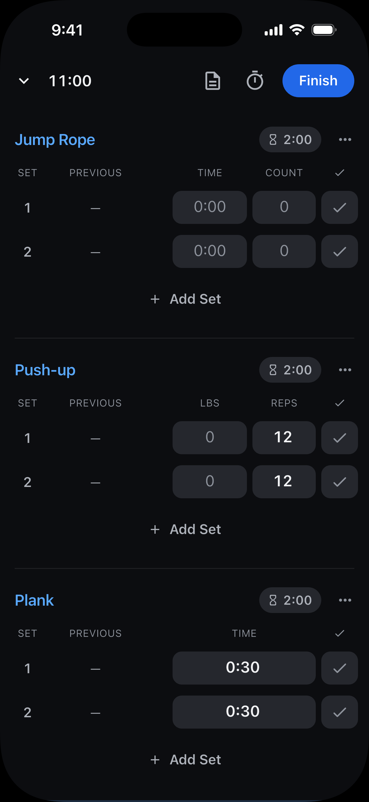 An active workout with Jump Rope, Push-Up, and Plank. The stopwatch icon beside Finish is highlighted.