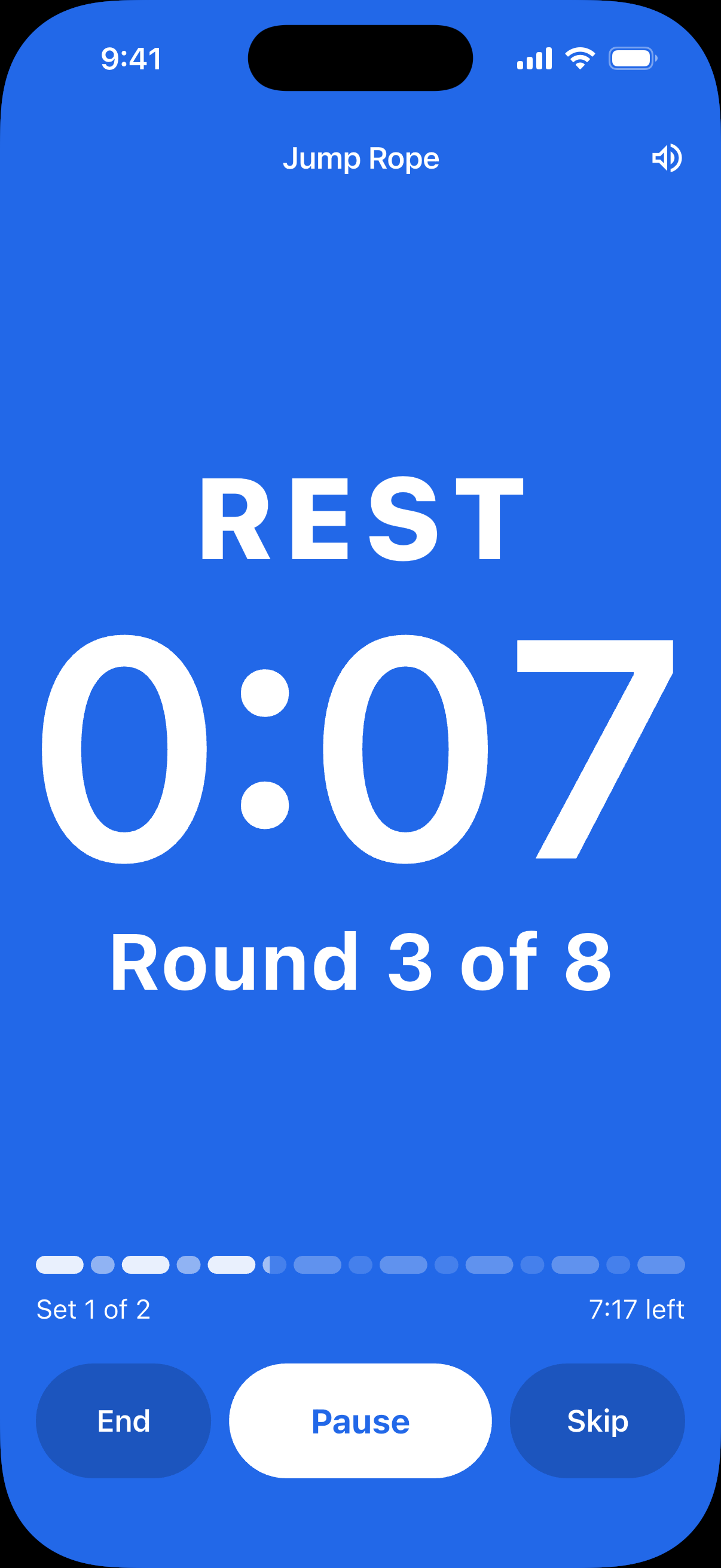 The running REST screen with 7 seconds remaining in round 3 of 8, set 1 of 2. End, Pause, and Skip are below the countdown.