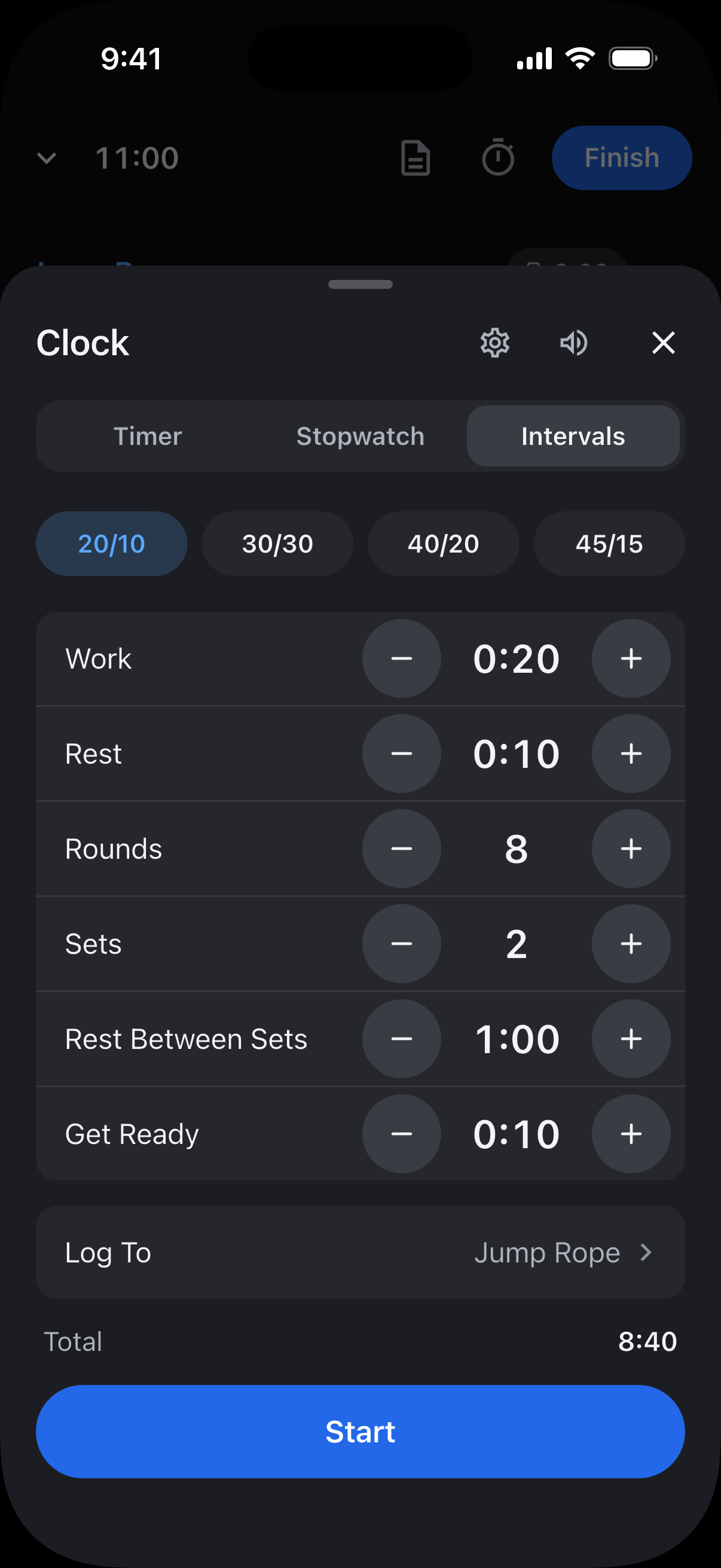 Intervals setup with 20 seconds of work, 10 seconds of rest, 8 rounds, 2 sets, and Jump Rope selected under Log To.