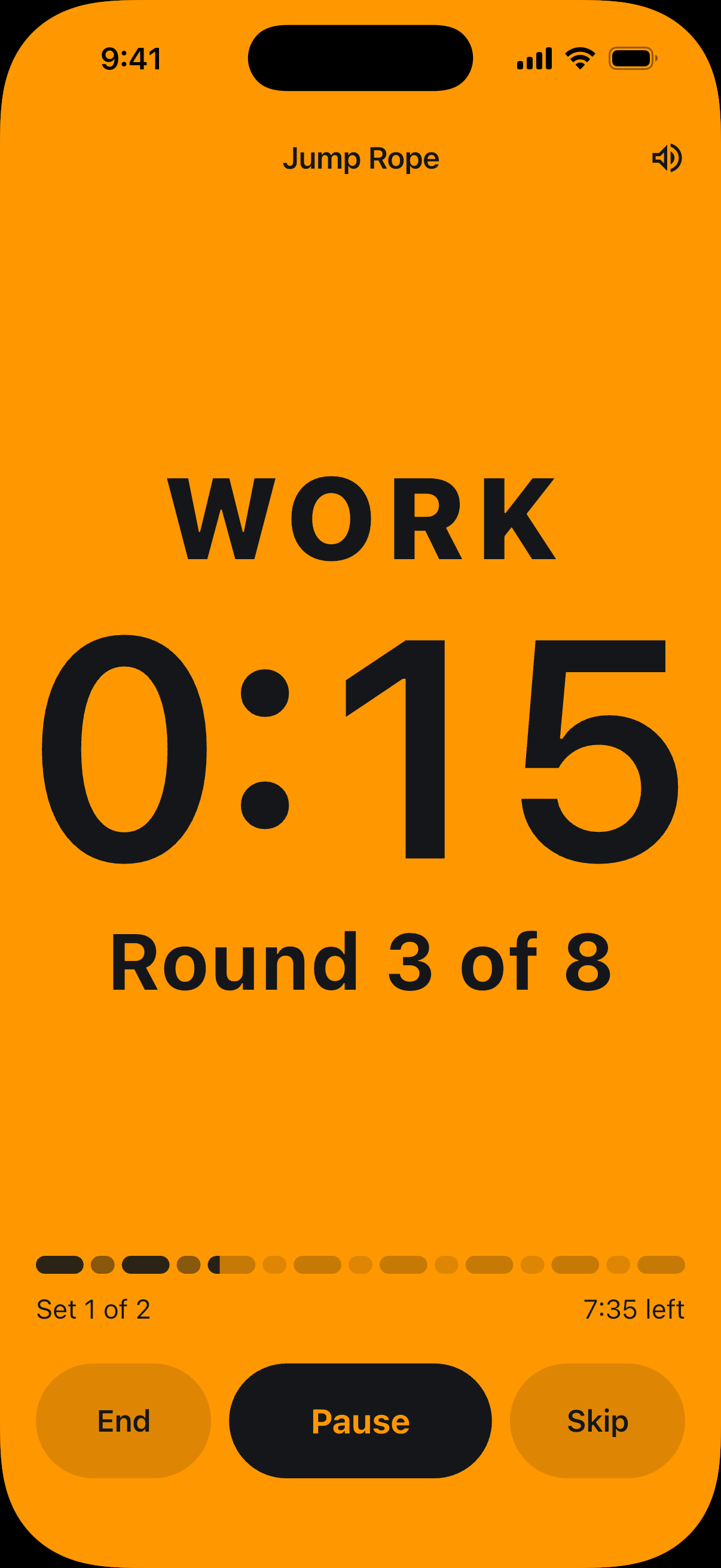 The running WORK screen with 15 seconds remaining in round 3 of 8, set 1 of 2. End, Pause, and Skip are below the countdown.