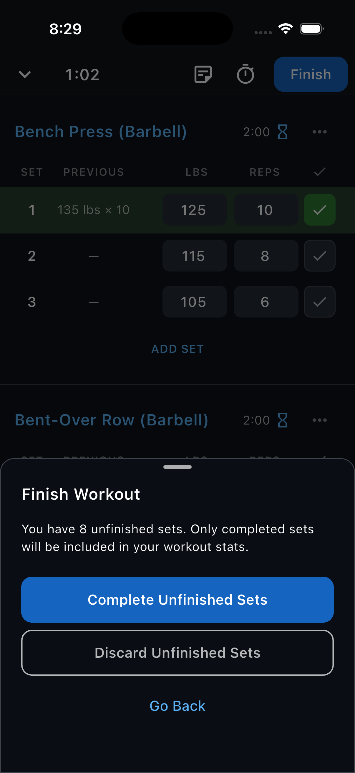 The unfinished sets prompt with options to complete or discard eight unfinished sets.
