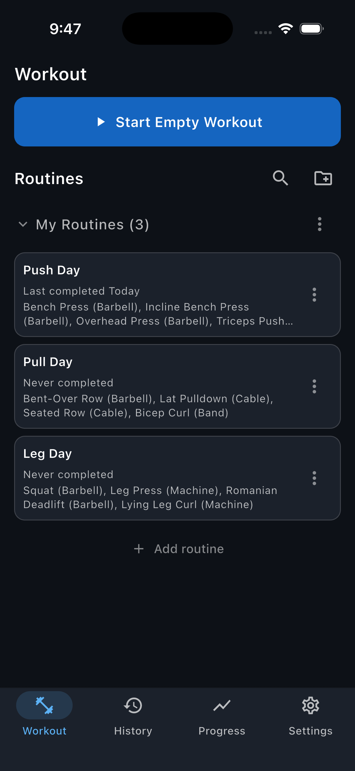 The Workout tab with the completed Push Day routine highlighted above Pull Day and Leg Day, with Start Empty Workout also available.