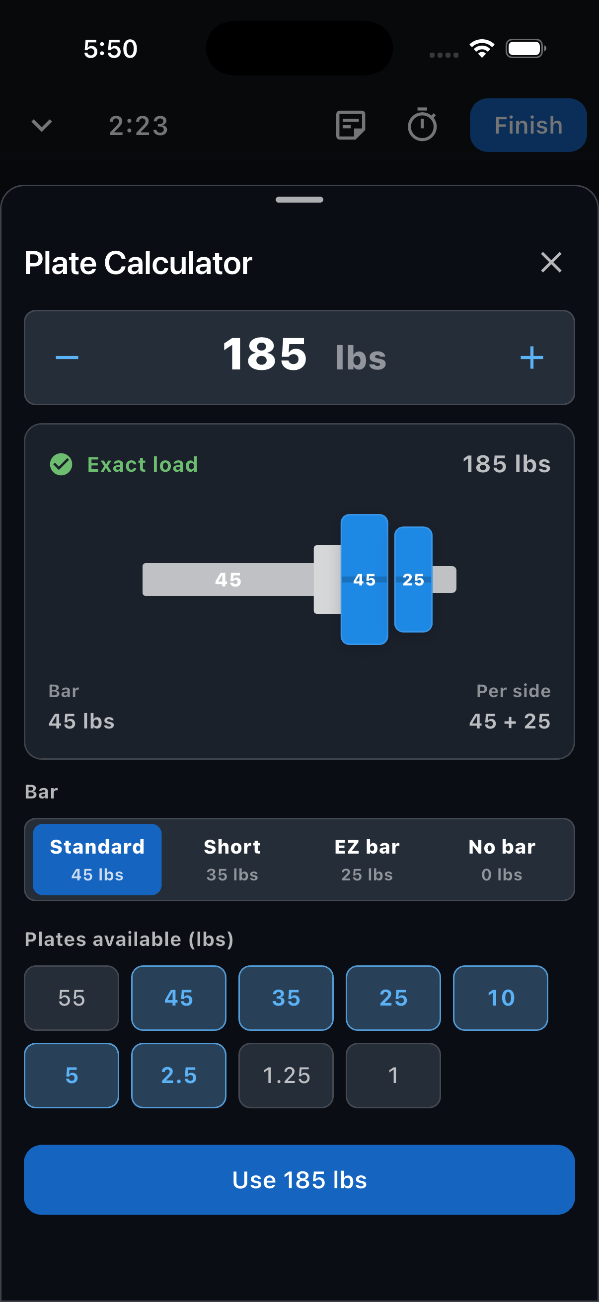 The plate calculator showing a 185-lb total with a 45-lb bar and one 45-lb and one 25-lb plate per side.