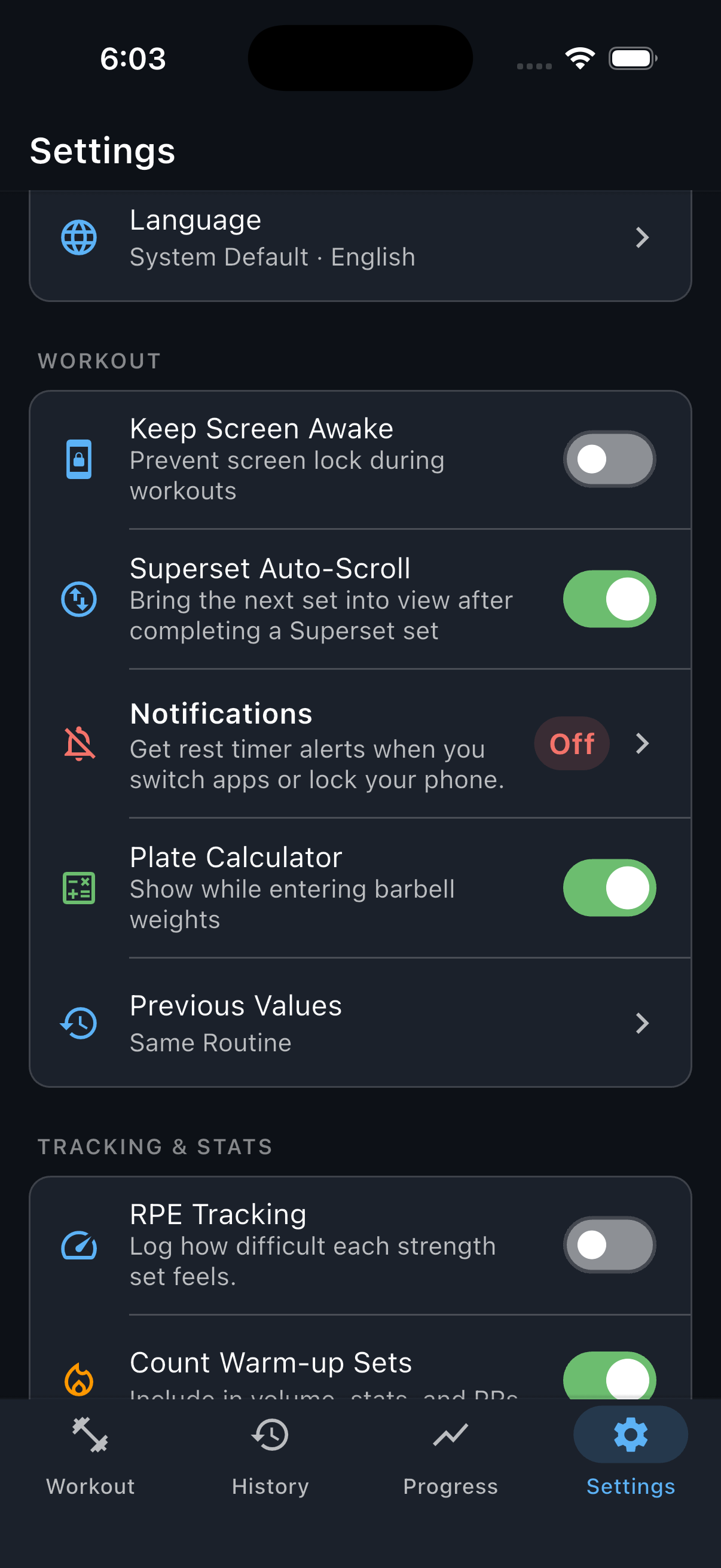 Settings with Plate Calculator enabled under Workout and the setting highlighted.