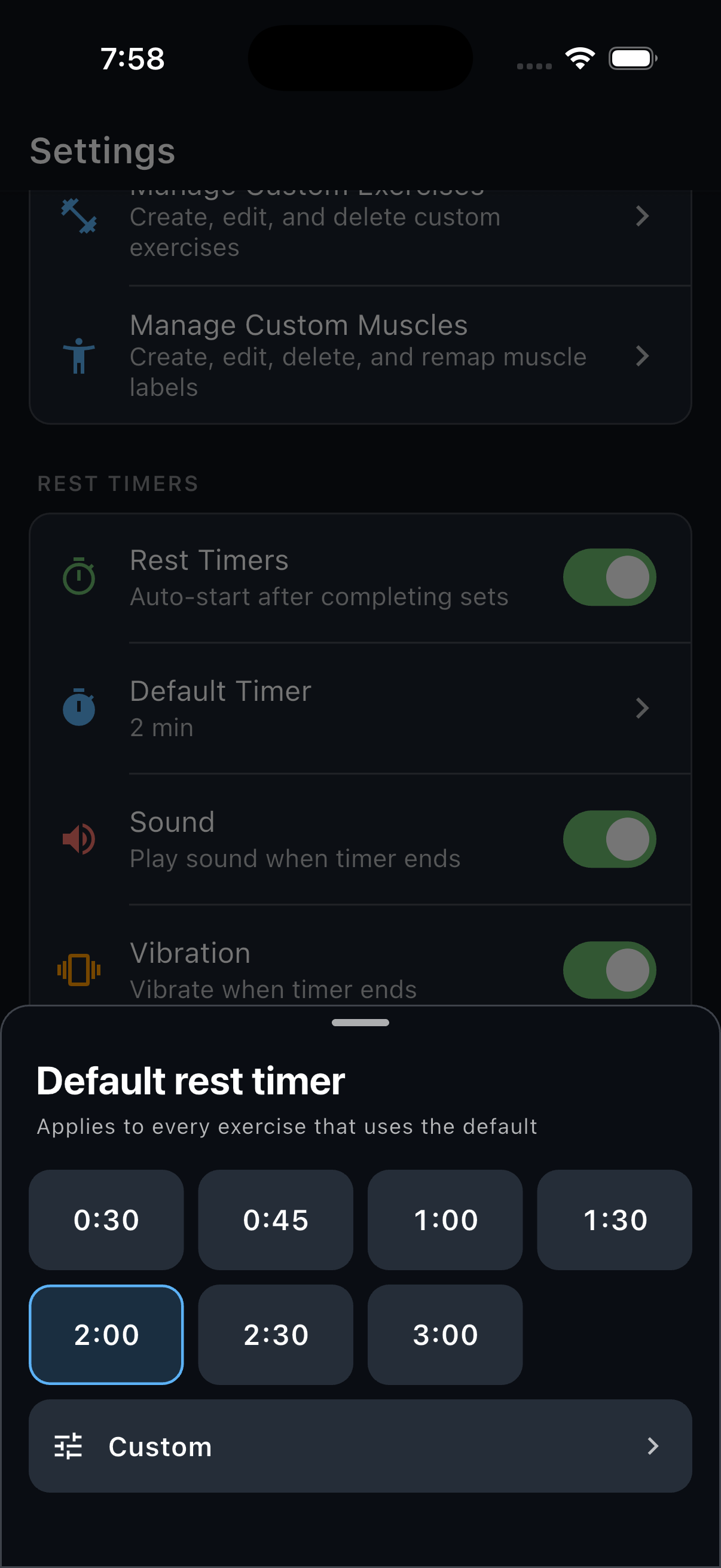 The Default rest timer picker with two minutes selected, other preset times, and Custom.
