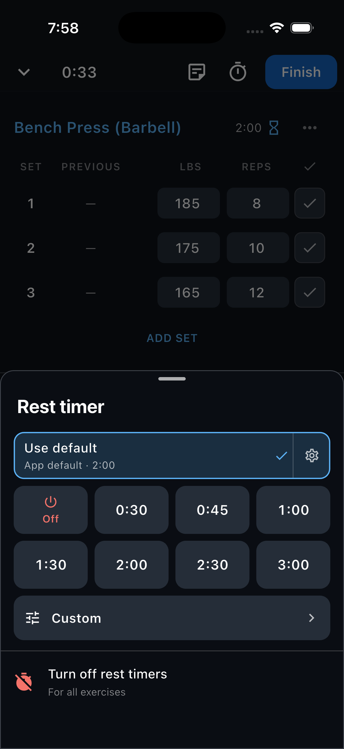 The exercise Rest timer picker with Use default selected, preset times, Custom, Off, and Turn off rest timers.