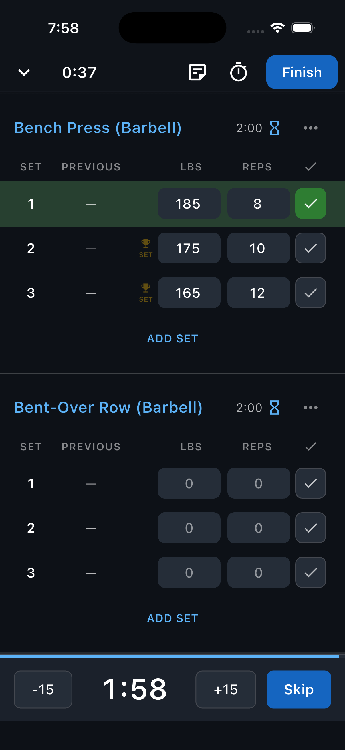 An active workout with the first Bench Press set completed and a one-minute, 58-second rest timer counting down at the bottom.