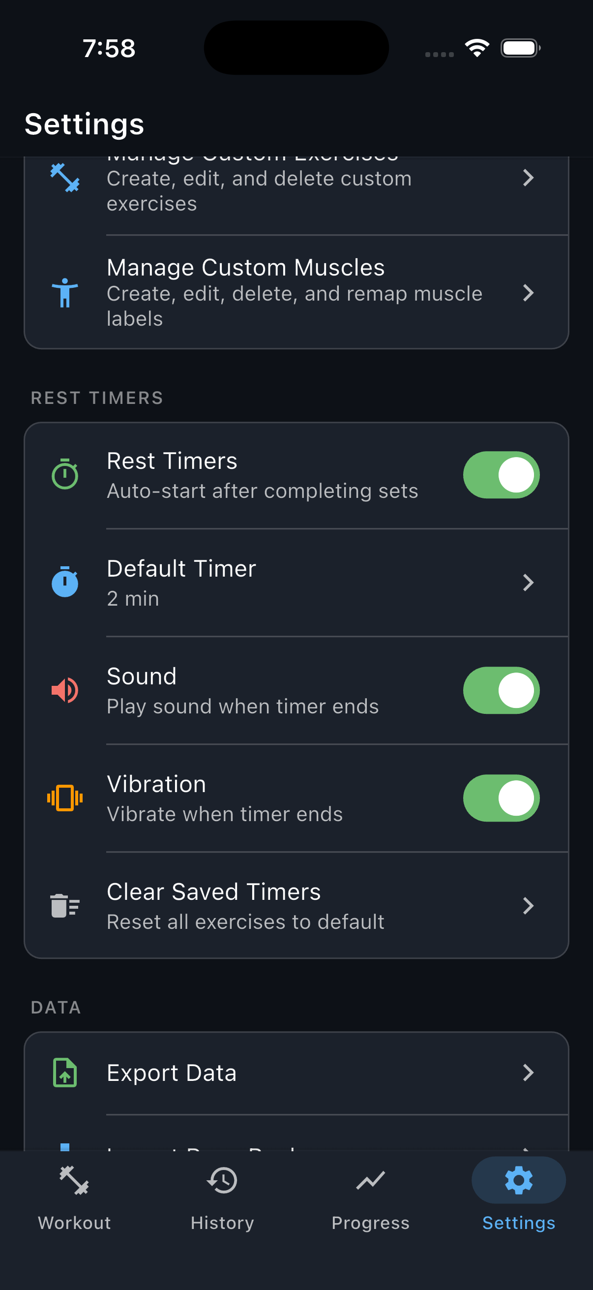 Settings with the Rest Timers card centered and the Default Timer row highlighted.