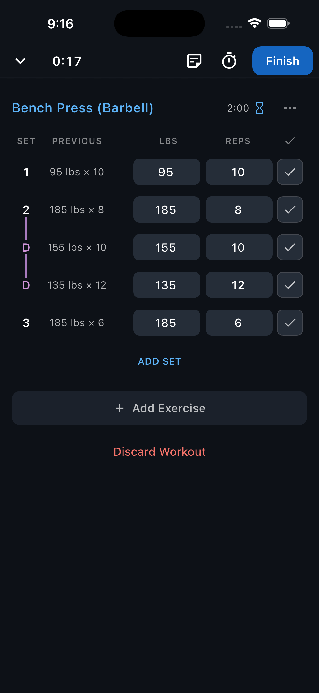 Bench Press set rows show set 2 followed by two connected Drop Sets labeled D, then set 3, with Previous, weight, and reps values filled in.