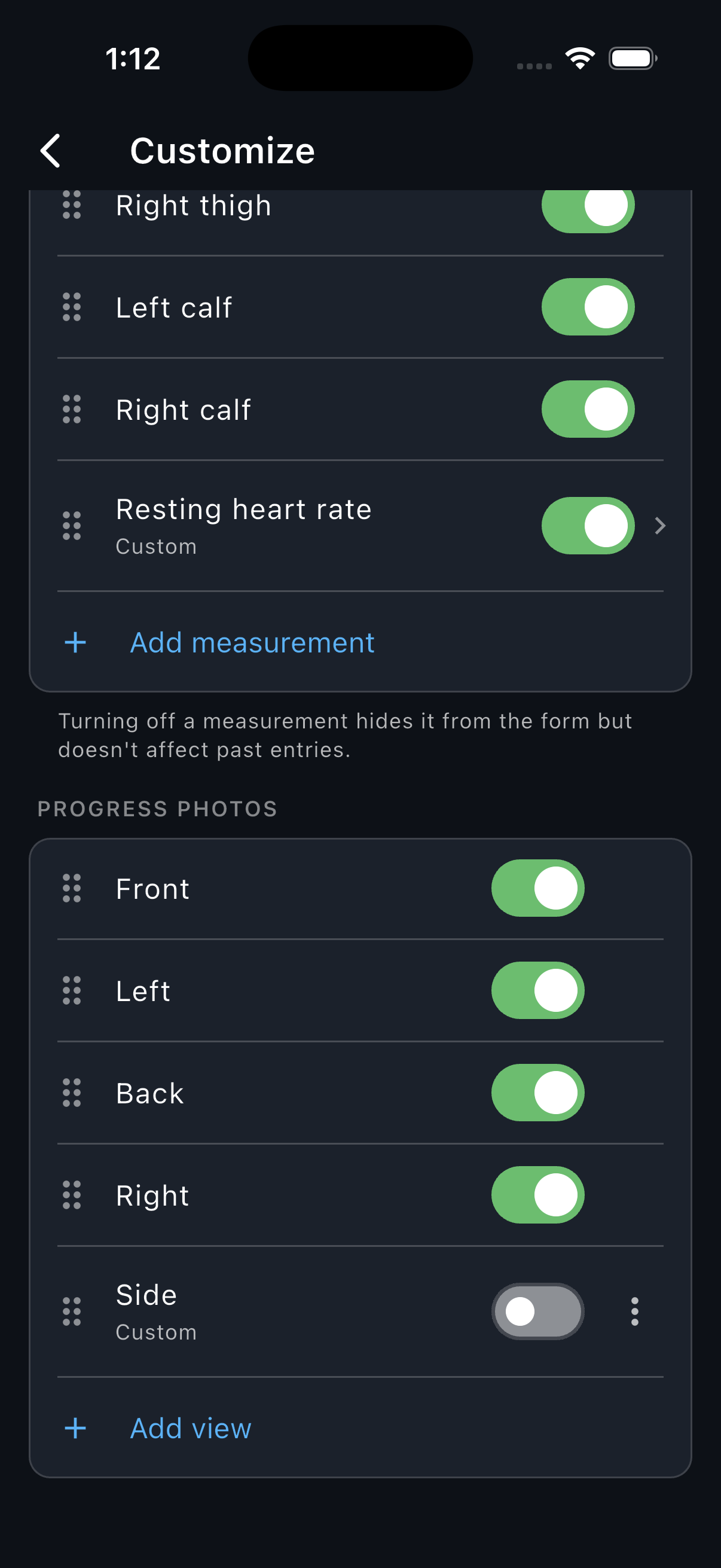 Customize, where each measurement and photo view has a drag handle and a switch. The Side view is turned off, and Add measurement and Add view sit below their lists.