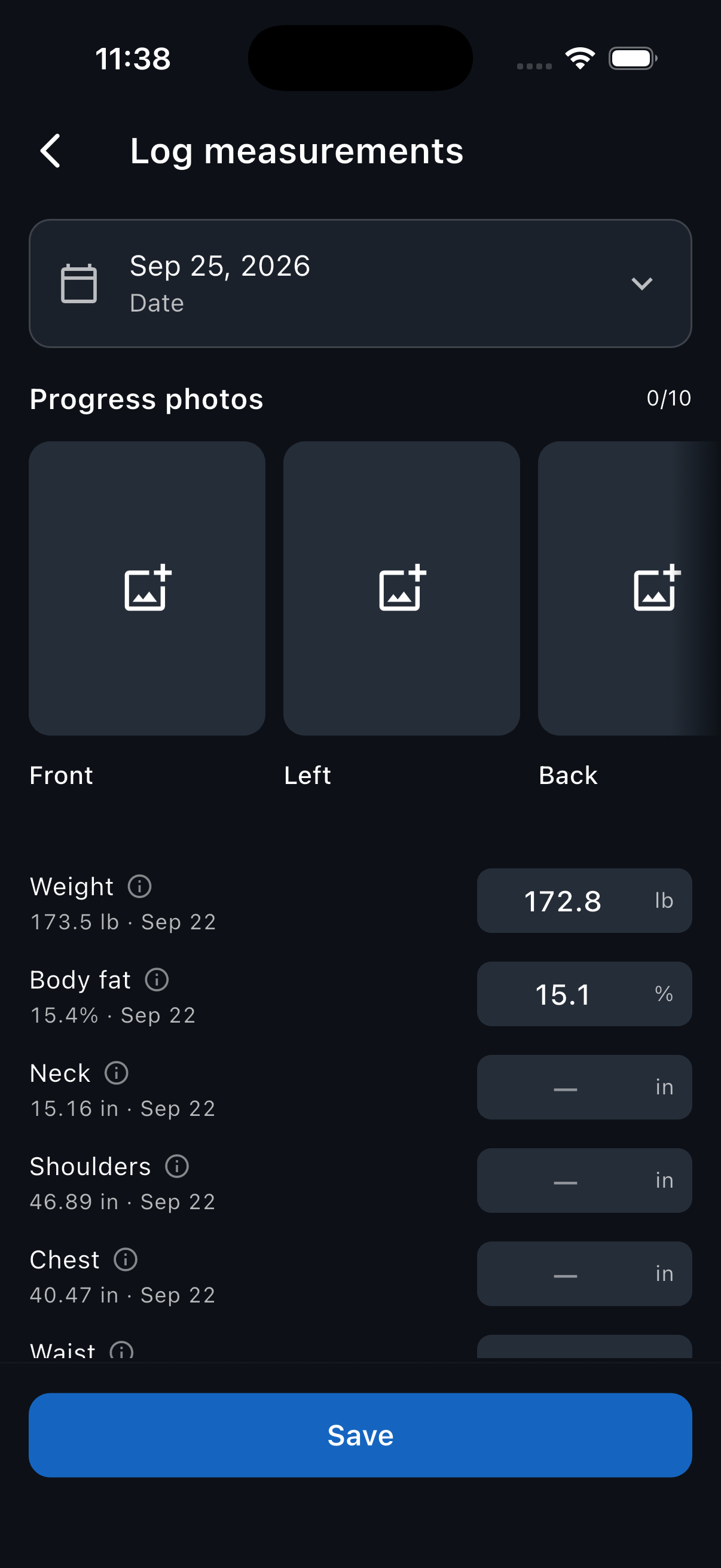 Log measurements for today, with Weight and Body fat filled in and the photo slots still empty.