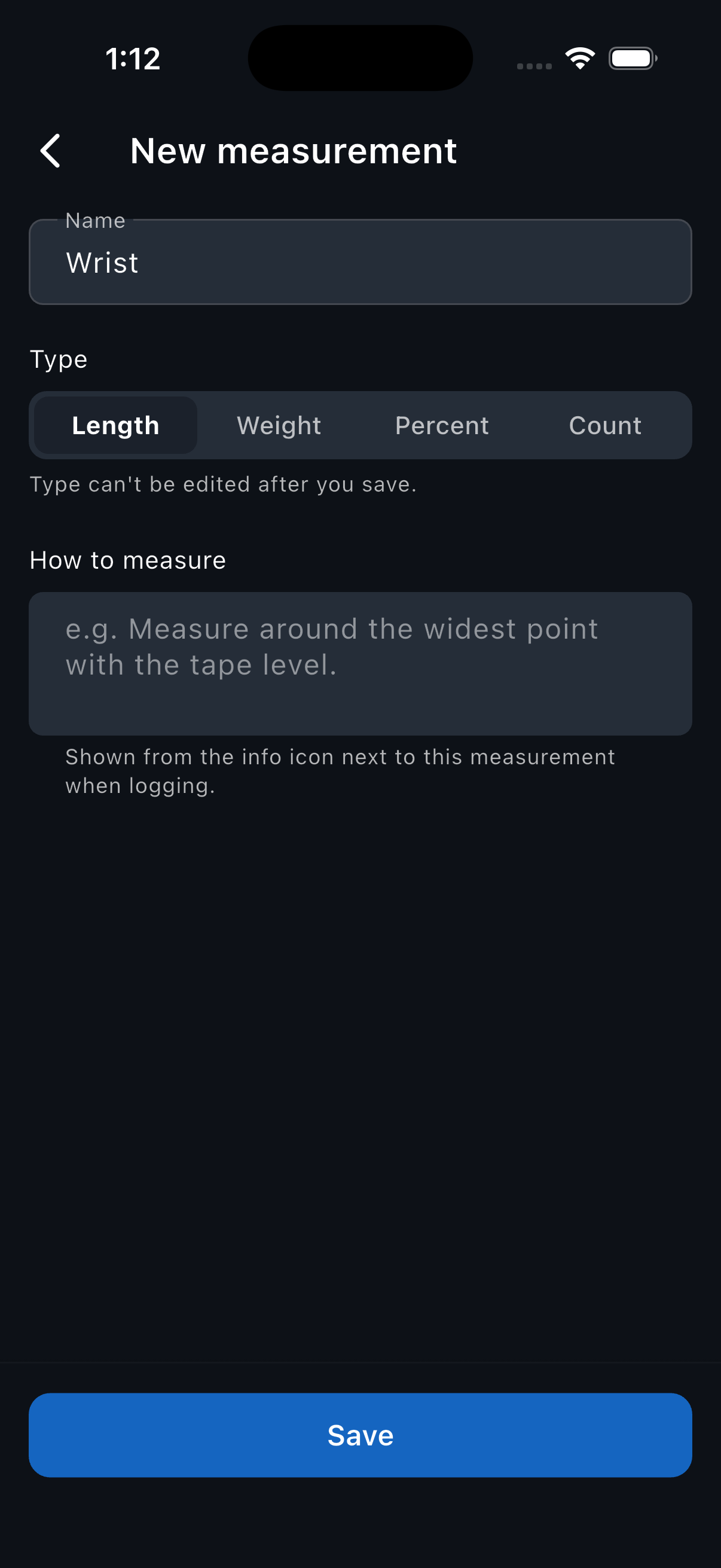 New measurement with Wrist entered as the name and Length chosen as the type, above a Save button.