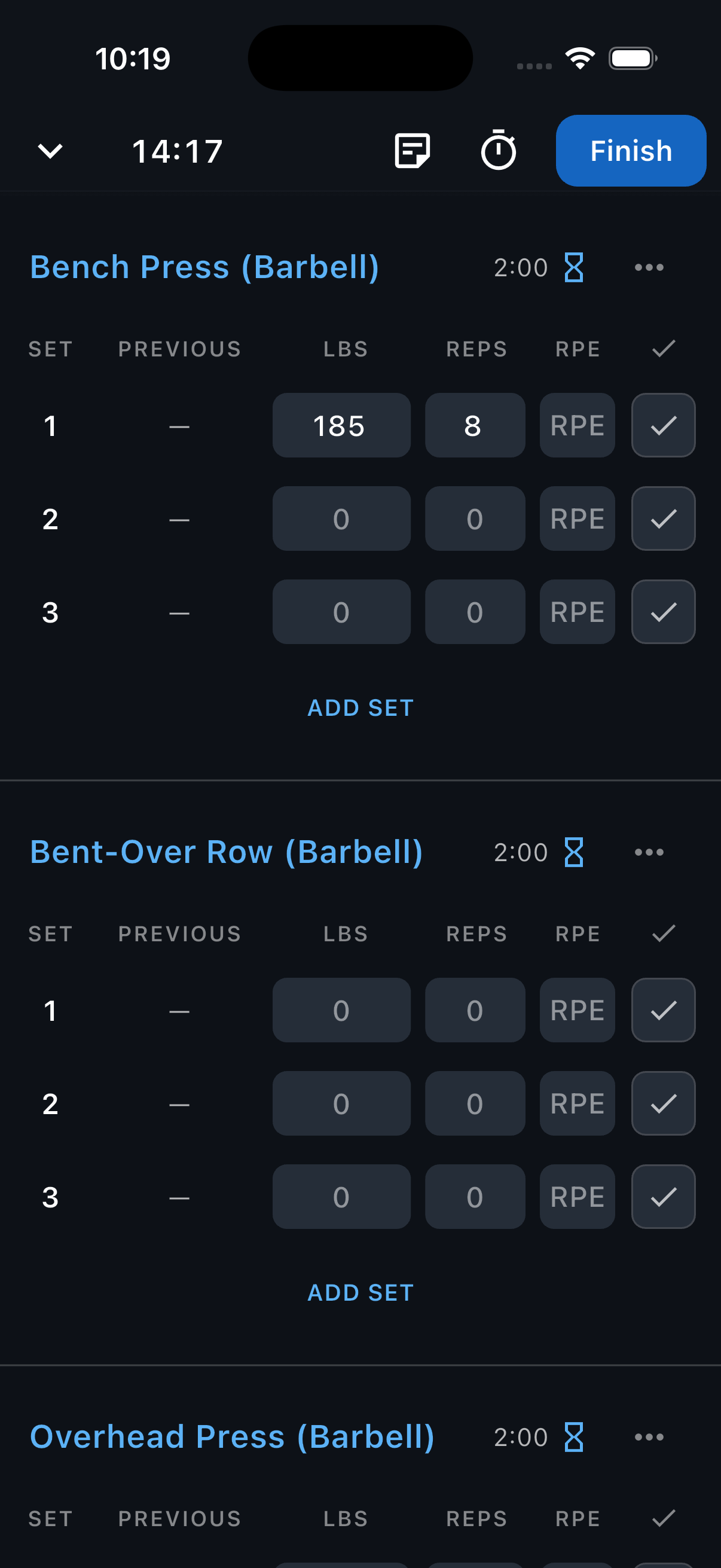 An active workout with Bench Press, Bent-Over Row, and Overhead Press, with a blank RPE cell highlighted for the first Bench Press set.