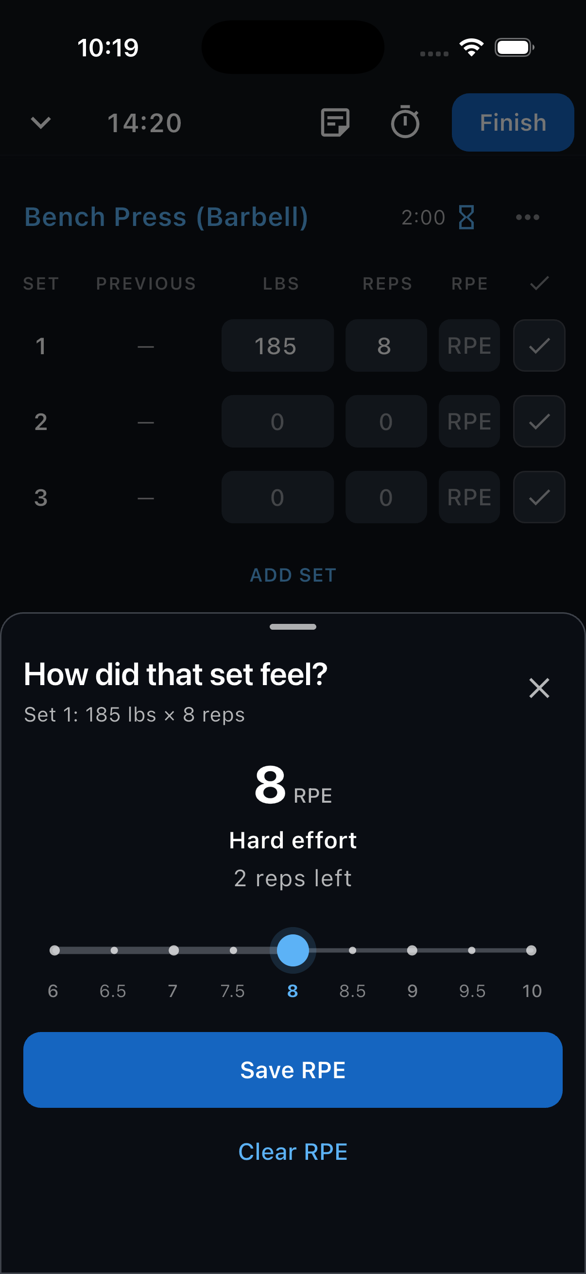 The RPE editor for the first Bench Press set with 8 selected, described as hard effort with two reps left.