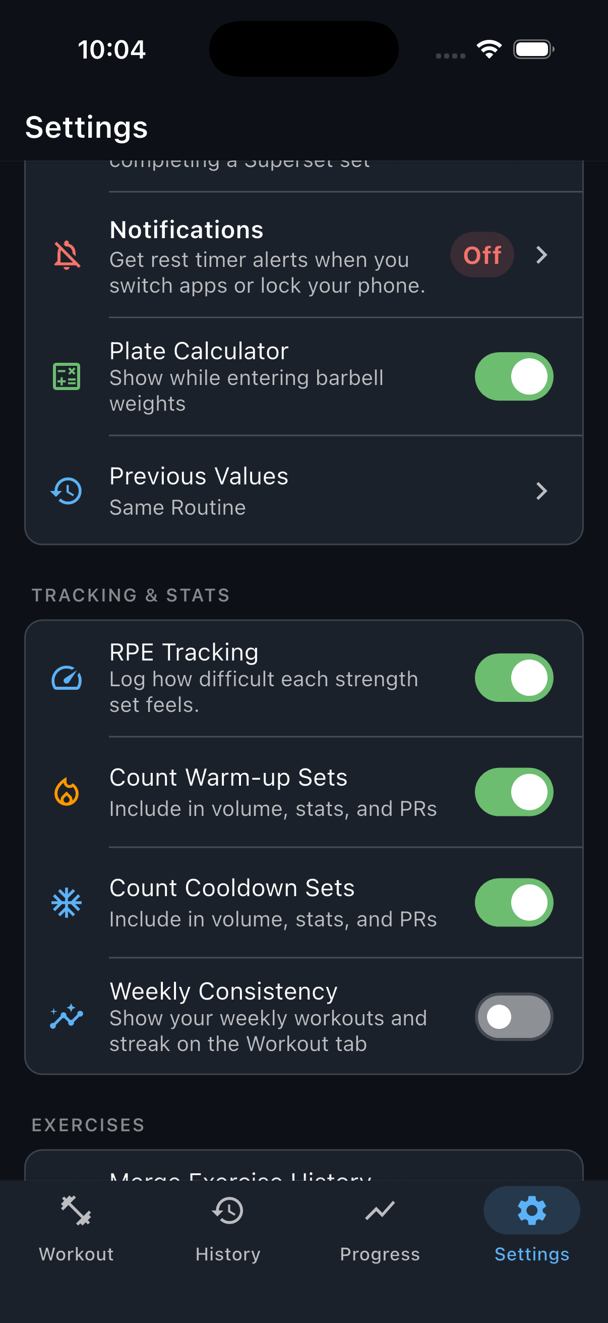 Reps Settings with RPE Tracking turned on under Tracking and Stats and no workout running.