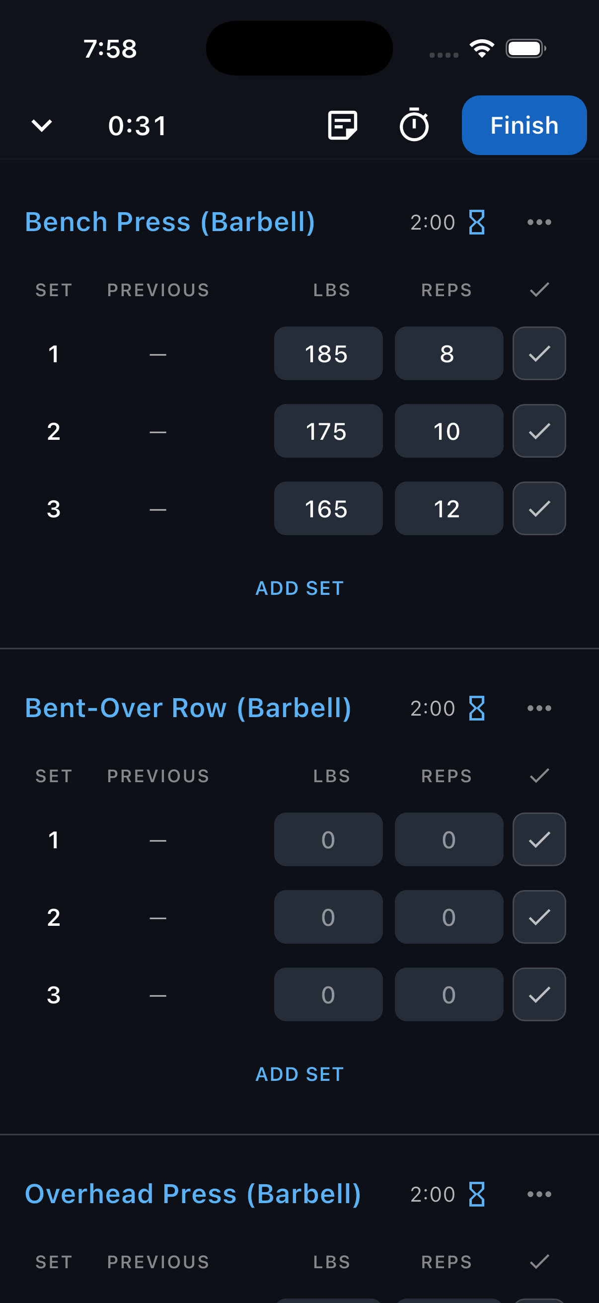 An active workout with Bench Press, Bent-Over Row, and Overhead Press, with the note icon at the top highlighted.